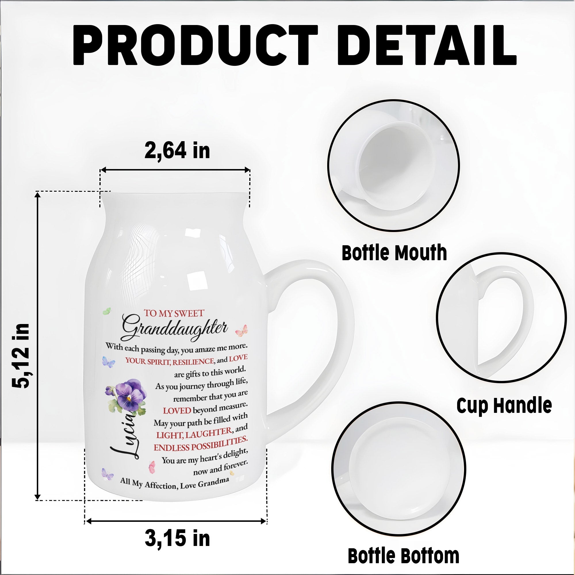 To My Sweet Granddaughter, Butterflies And Pansy Flower - Personalized Ceramic Flower Vase