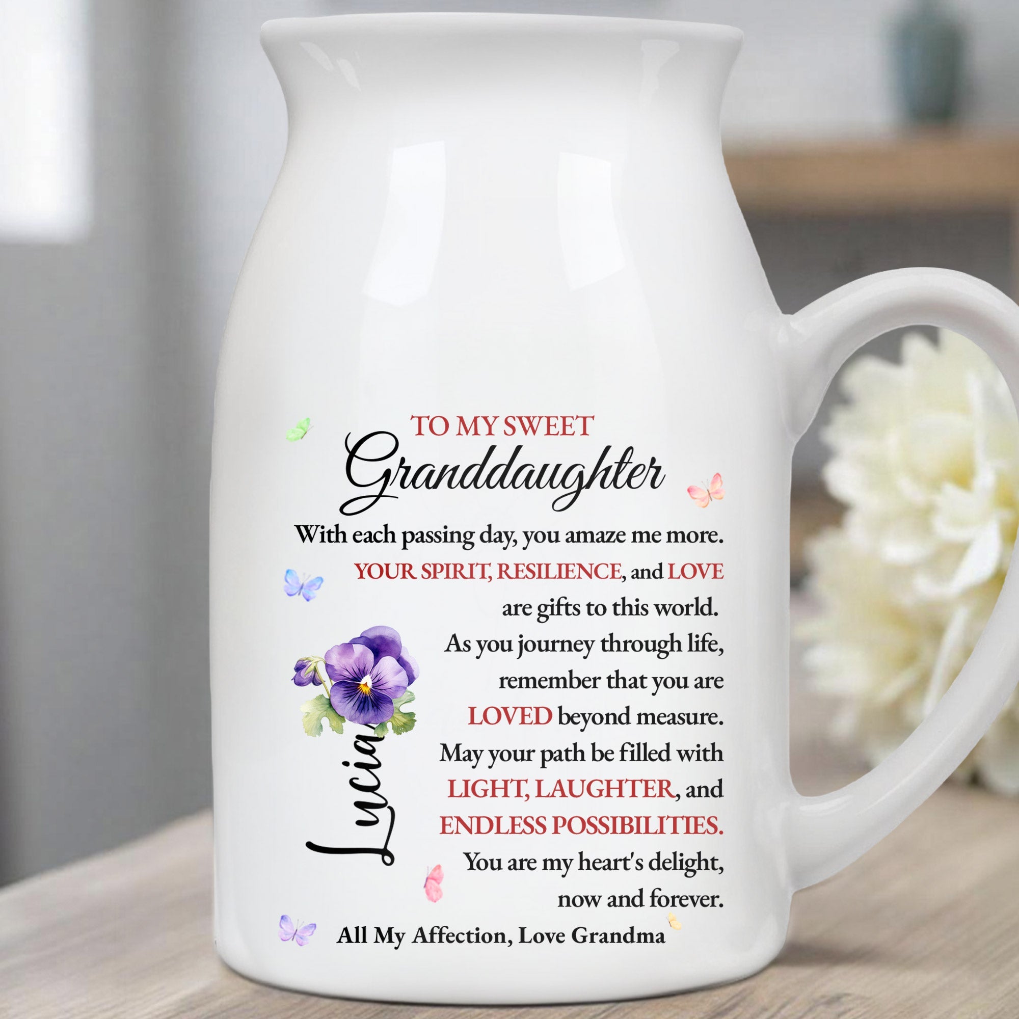 To My Sweet Granddaughter, Butterflies And Pansy Flower - Personalized Ceramic Flower Vase