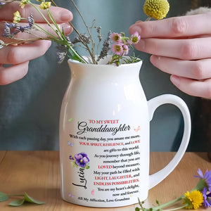 To My Sweet Granddaughter, Butterflies And Pansy Flower - Personalized Ceramic Flower Vase