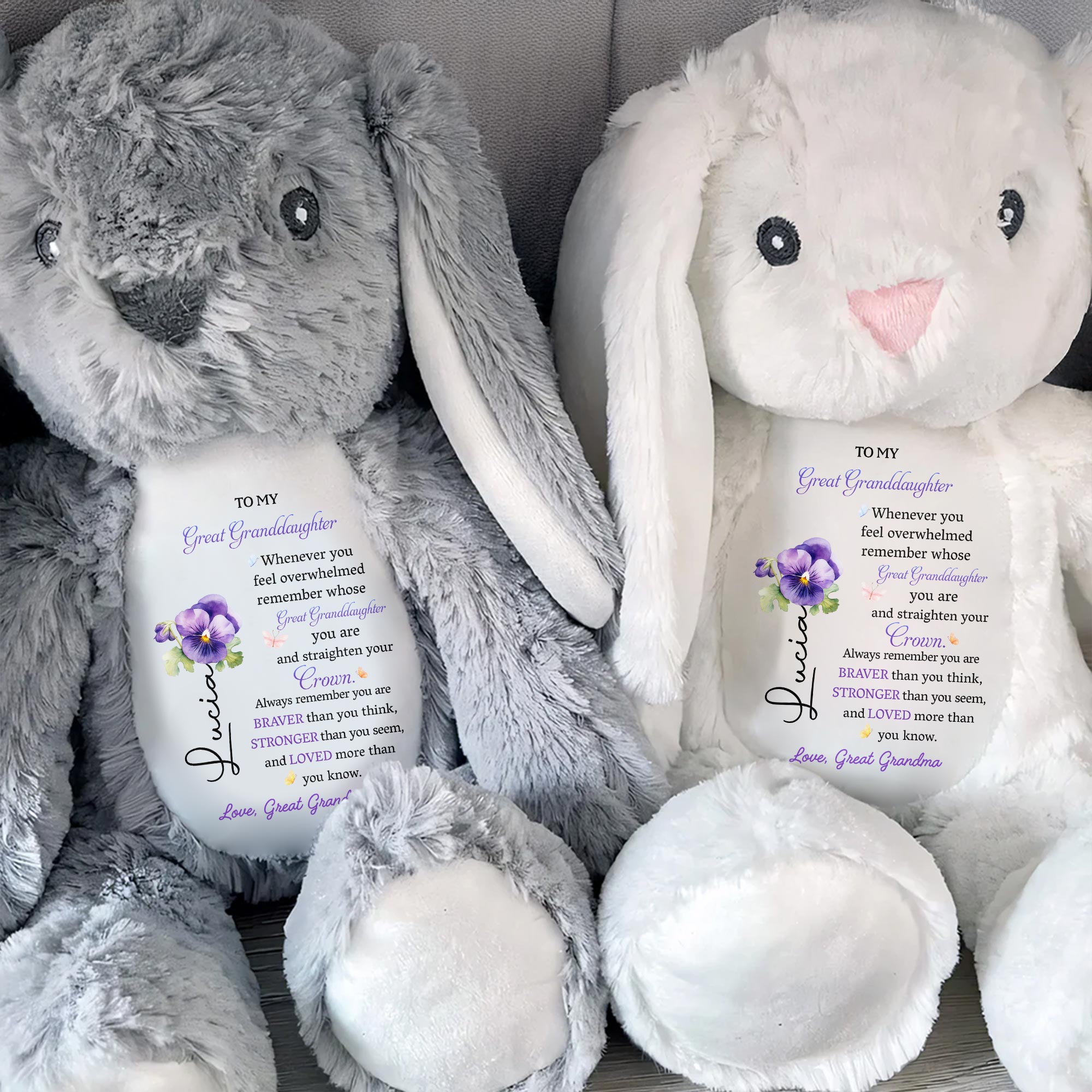 To My Great Granddaughter, Whenever You Feel Overwhelmed, Remember Whose Great Granddaughter You Are, Stuffed Bunny And Flowers - Personalized Stuffed Bunny - GDT262_BUN