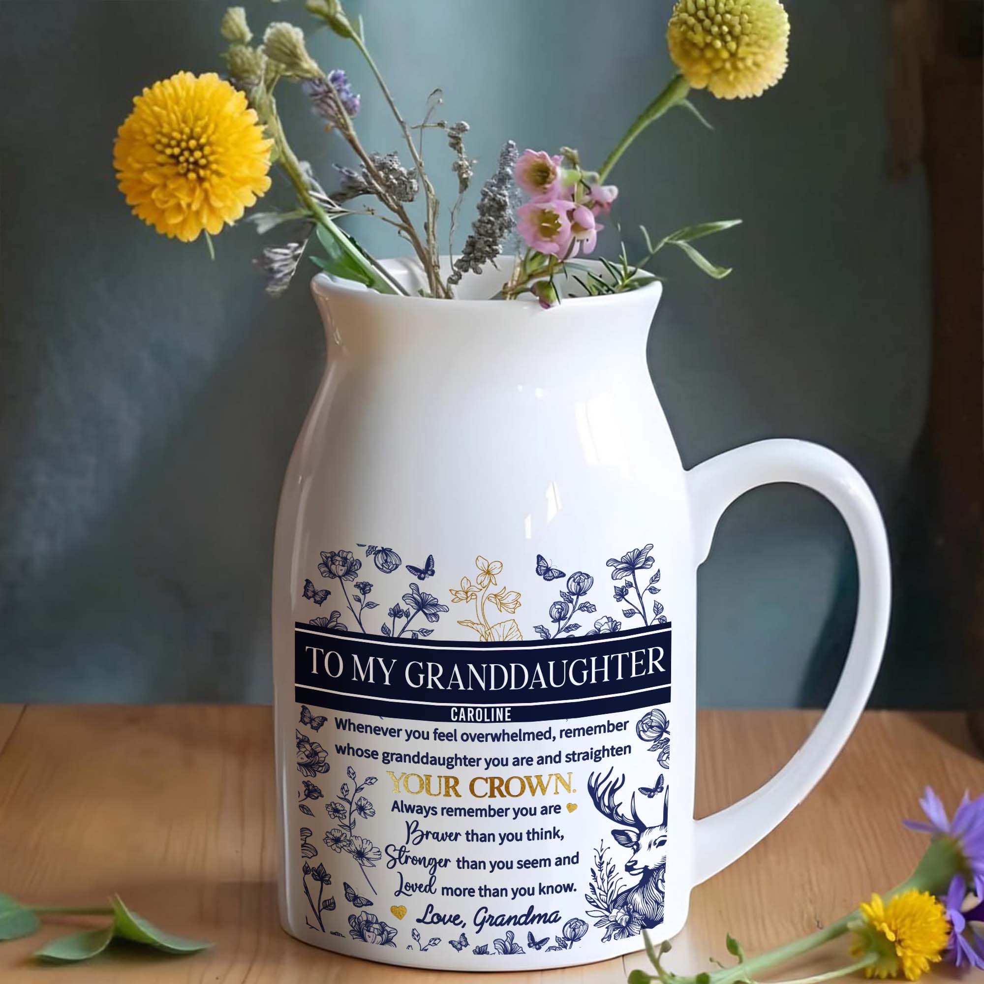 To My Granddaughter, Whenever You Feel Overwhelmed, Remember Whose Granddaughter You Are, Flowers And Deer - Personalized Ceramic Flower Vase