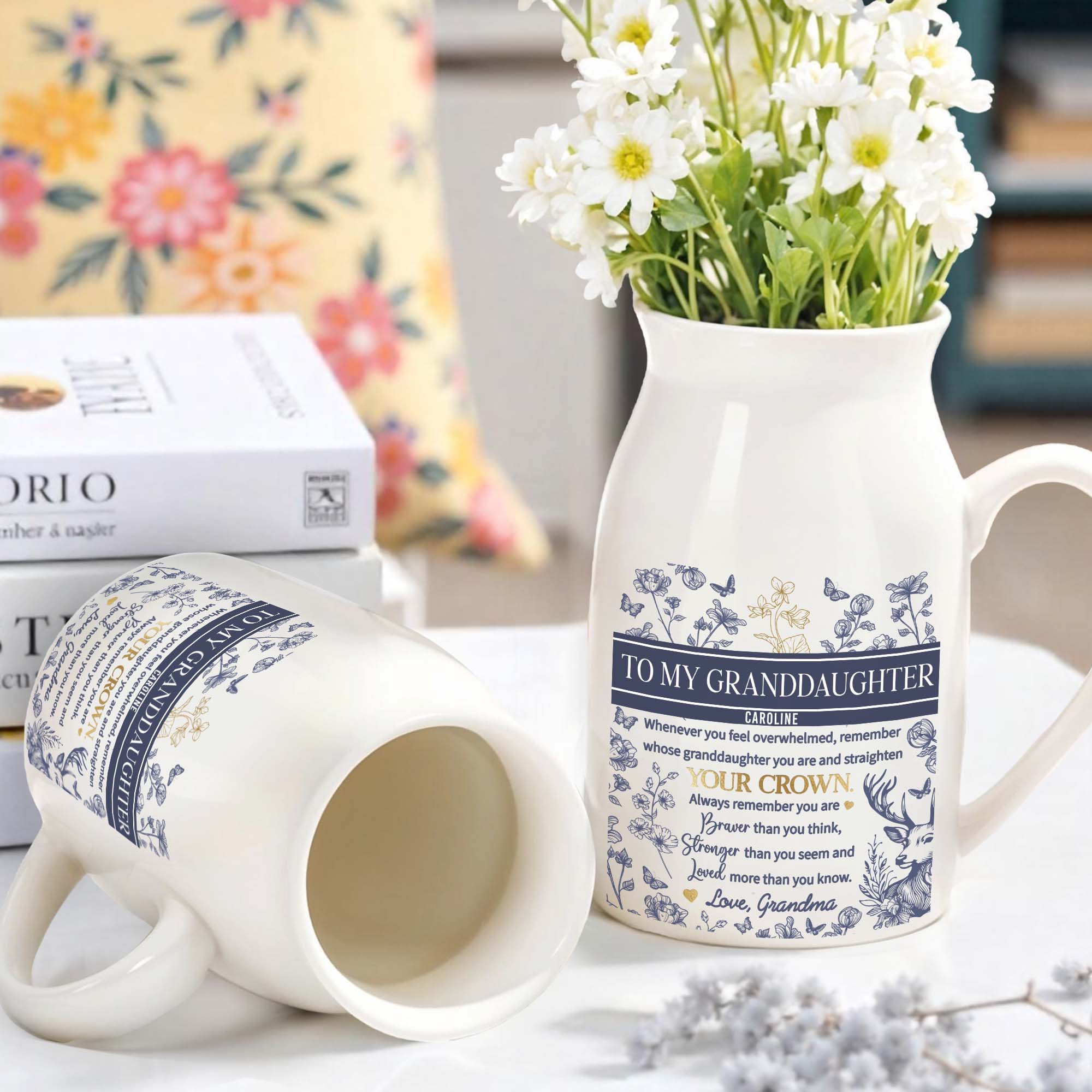 To My Granddaughter, Whenever You Feel Overwhelmed, Remember Whose Granddaughter You Are, Flowers And Deer - Personalized Ceramic Flower Vase