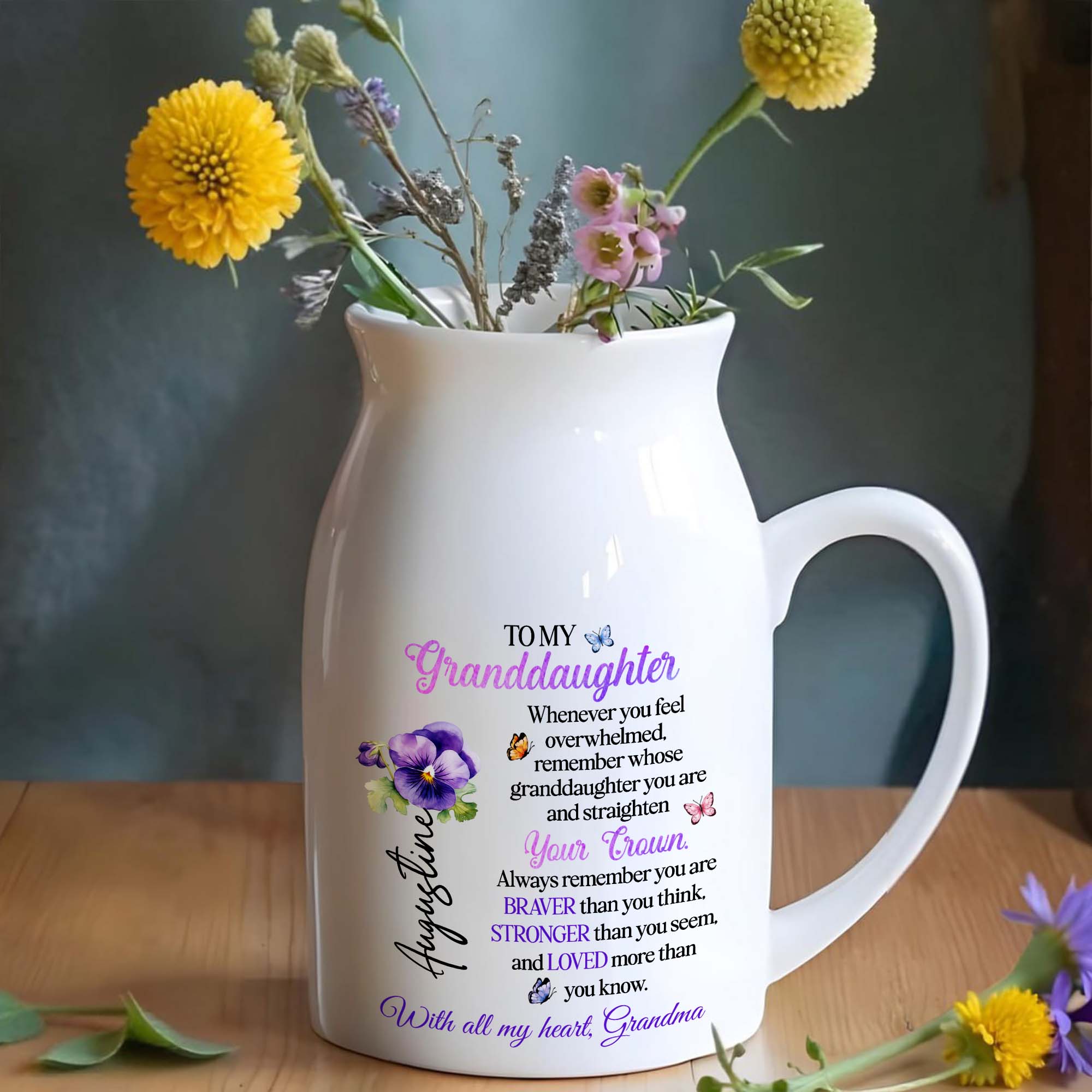 To My Granddaughter, Remember Whose Granddaughter You Are, Flowers, Crown, And Butterfly - Personalized Ceramic Flower Vase
