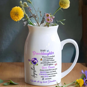 To My Granddaughter, Remember Whose Granddaughter You Are, Flowers, Crown, And Butterfly - Personalized Ceramic Flower Vase