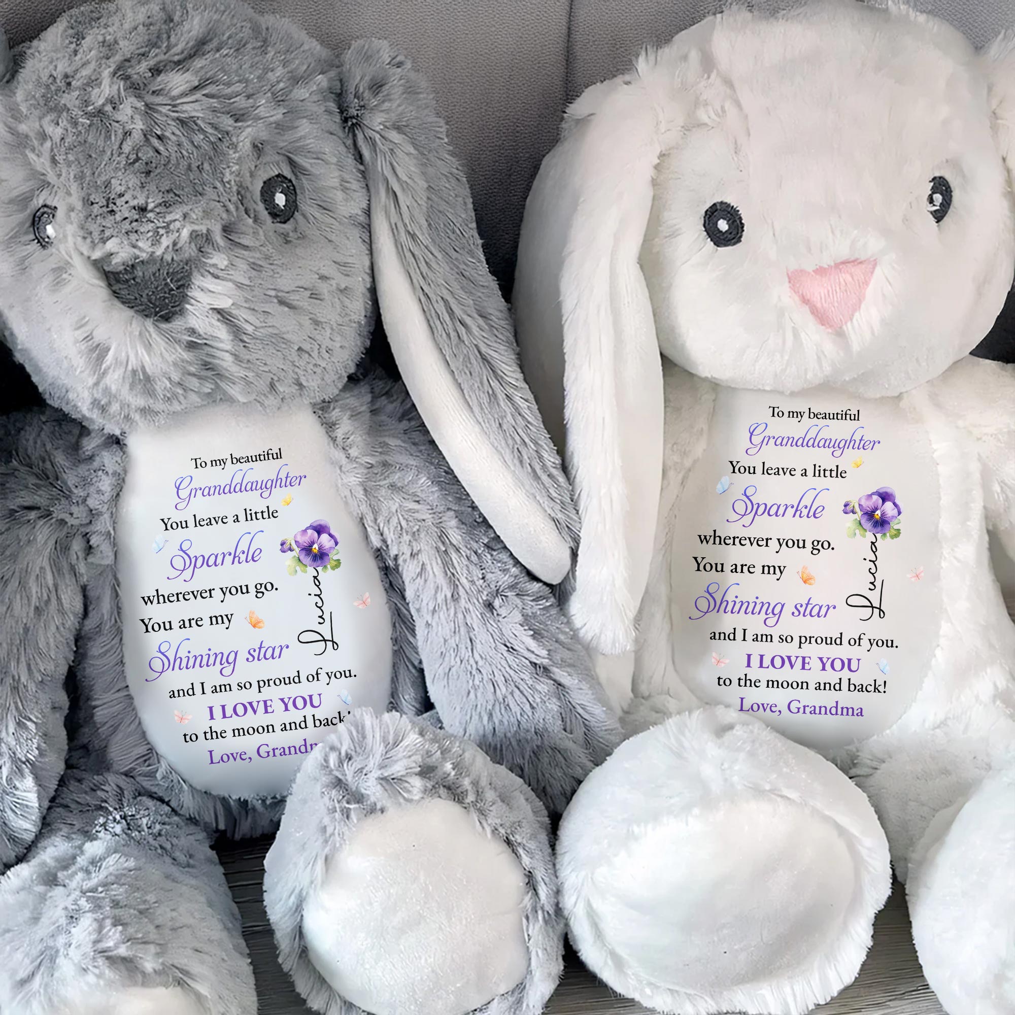 To My Beautiful Granddaughter, You Leave A Little Sparkle, Stars And Flowers - Personalized Stuffed Bunny - GDT273_BUN