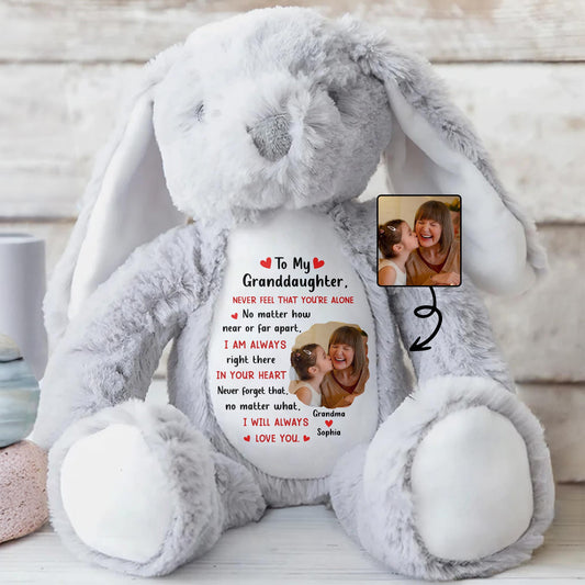 To My Granddaughter, Never Feel That You're Alone, Heart and Personalized Photo - Personalized Stuffed Bunny - GDT278_BUN