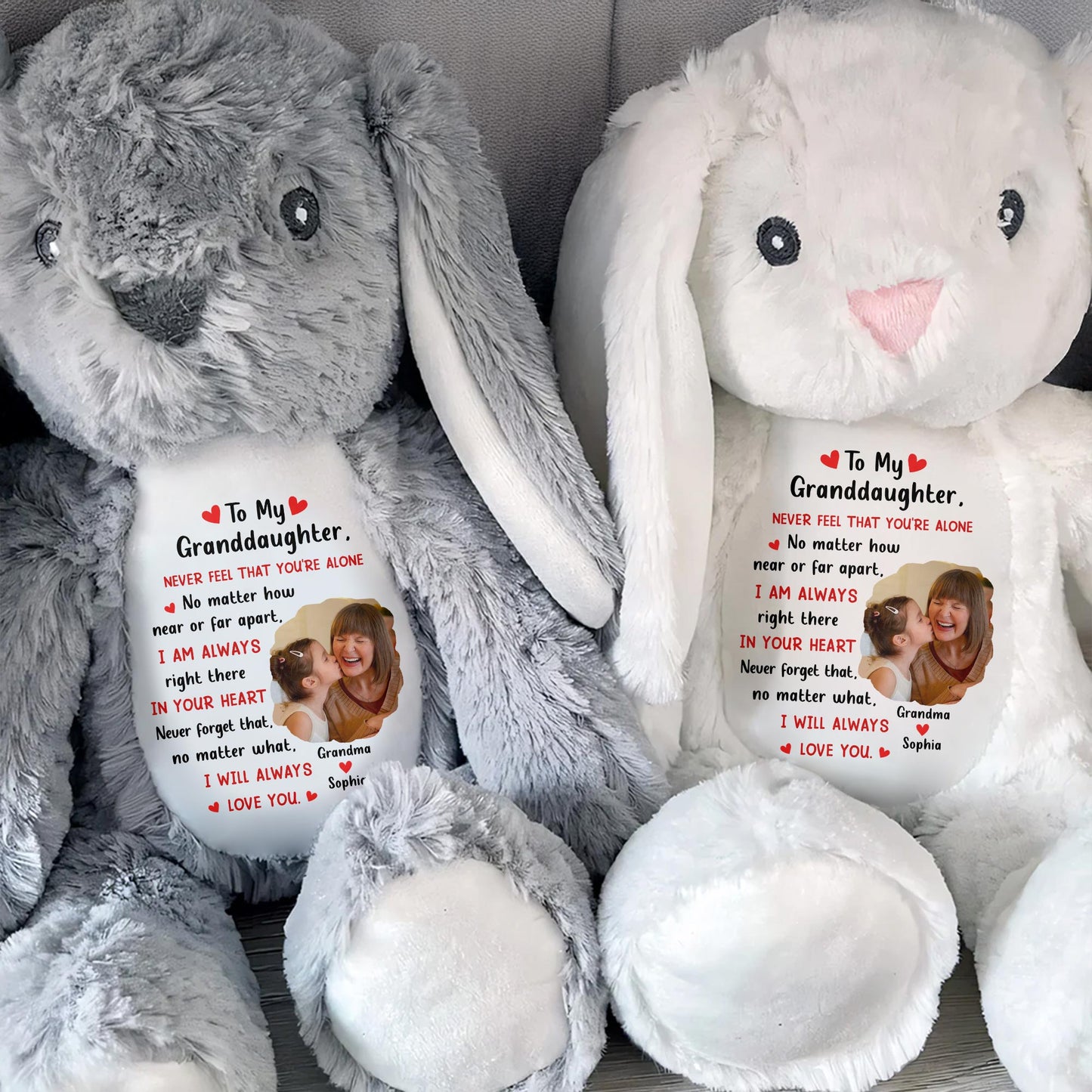 To My Granddaughter, Never Feel That You're Alone, Heart and Personalized Photo - Personalized Stuffed Bunny - GDT278_BUN