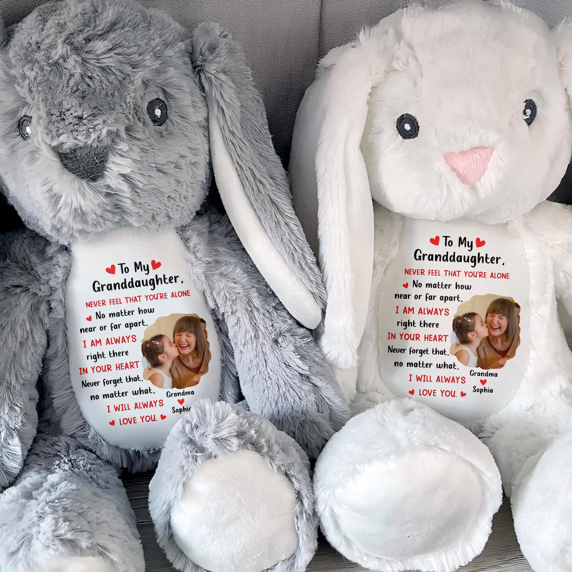 To My Granddaughter, Never Feel That You're Alone, Heart and Personalized Photo - Personalized Stuffed Bunny - GDT278_BUN