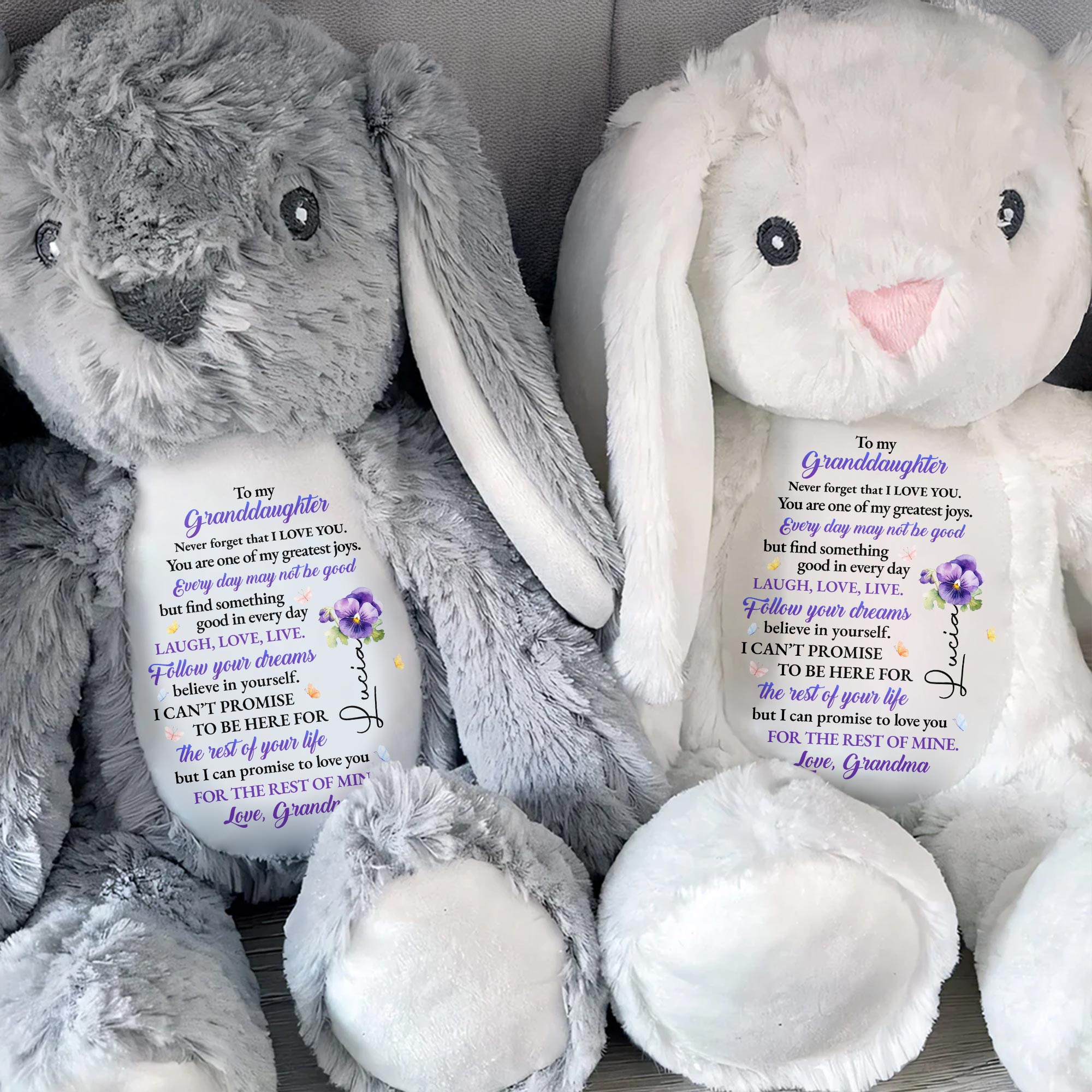To My Granddaughter, Never Forget That I Love You, Stuffed Bunny And Flowers - Personalized Stuffed Bunny - GDT282_BUN
