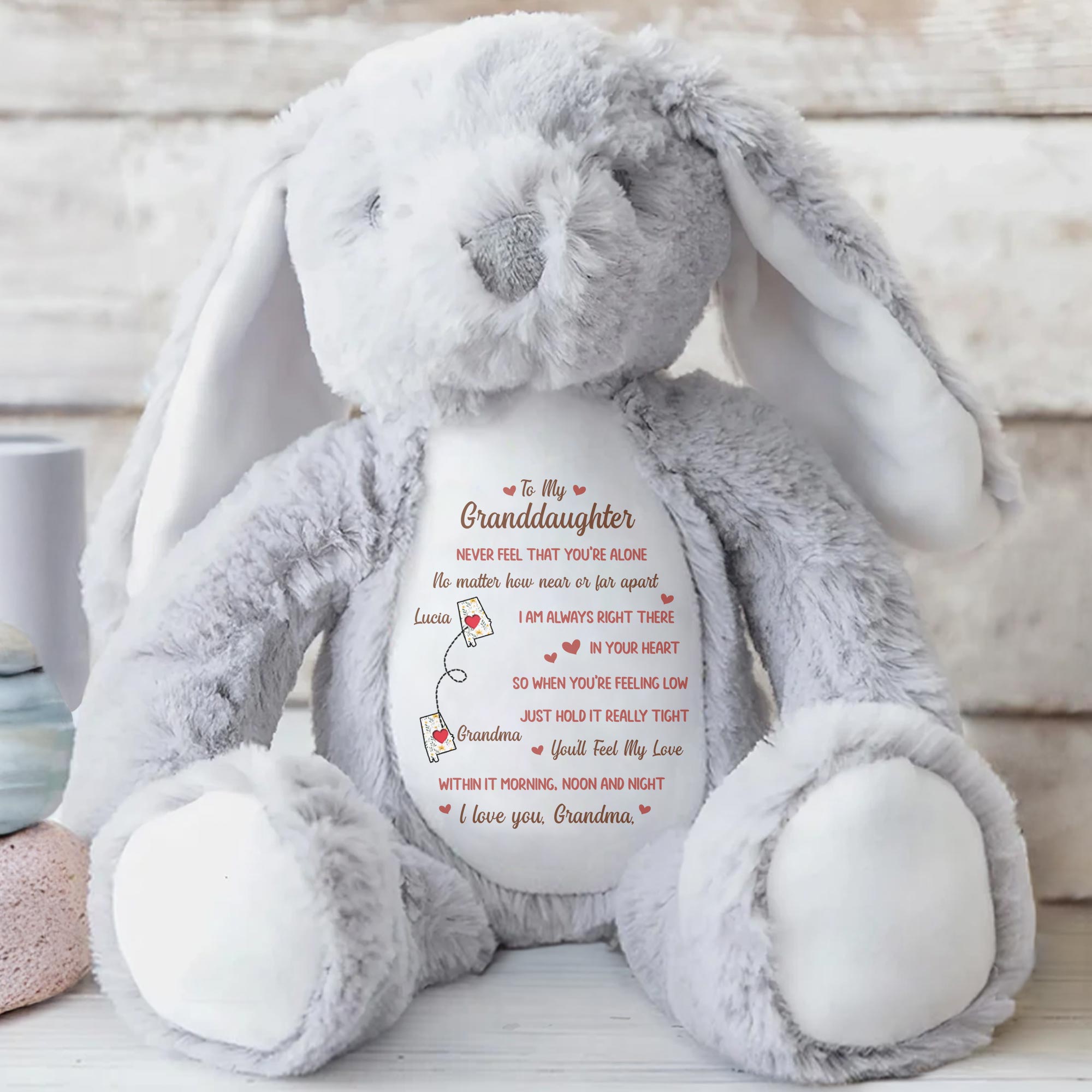 To My Granddaughter, Never Feel That You're Alone, Stuffed Bunny and Heart - Personalized Stuffed Bunny - GDT283_BUN