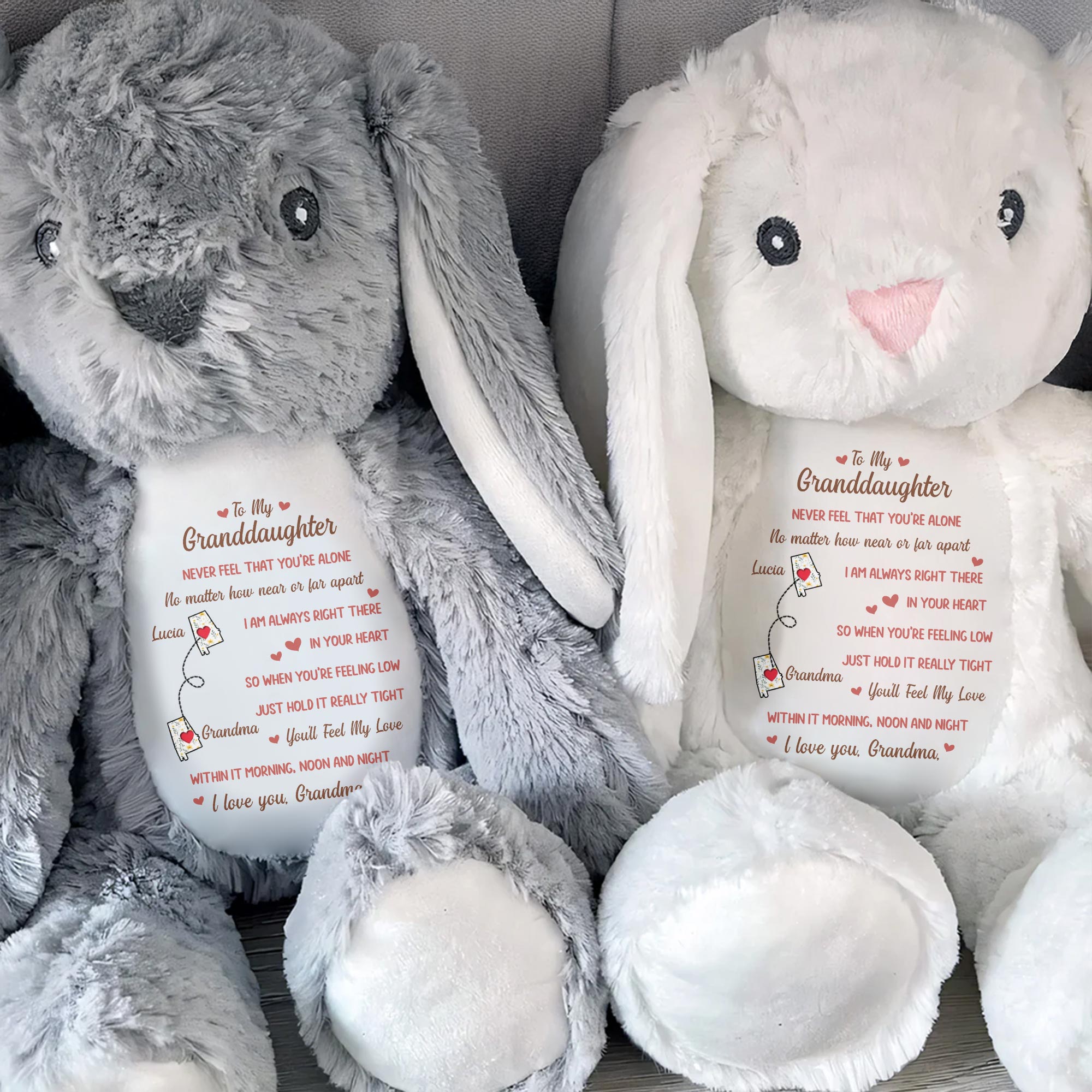 To My Granddaughter, Never Feel That You're Alone, Stuffed Bunny and Heart - Personalized Stuffed Bunny - GDT283_BUN