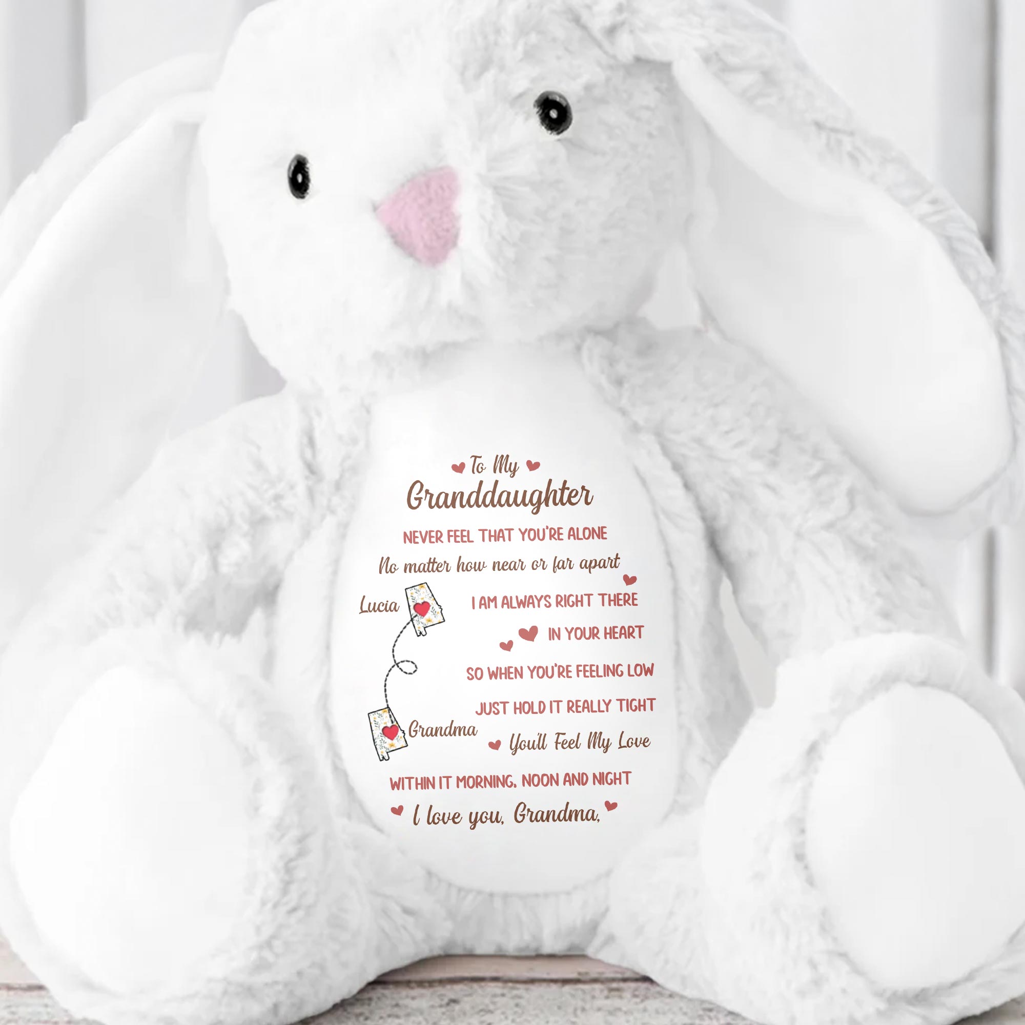 To My Granddaughter, Never Feel That You're Alone, Stuffed Bunny and Heart - Personalized Stuffed Bunny - GDT283_BUN
