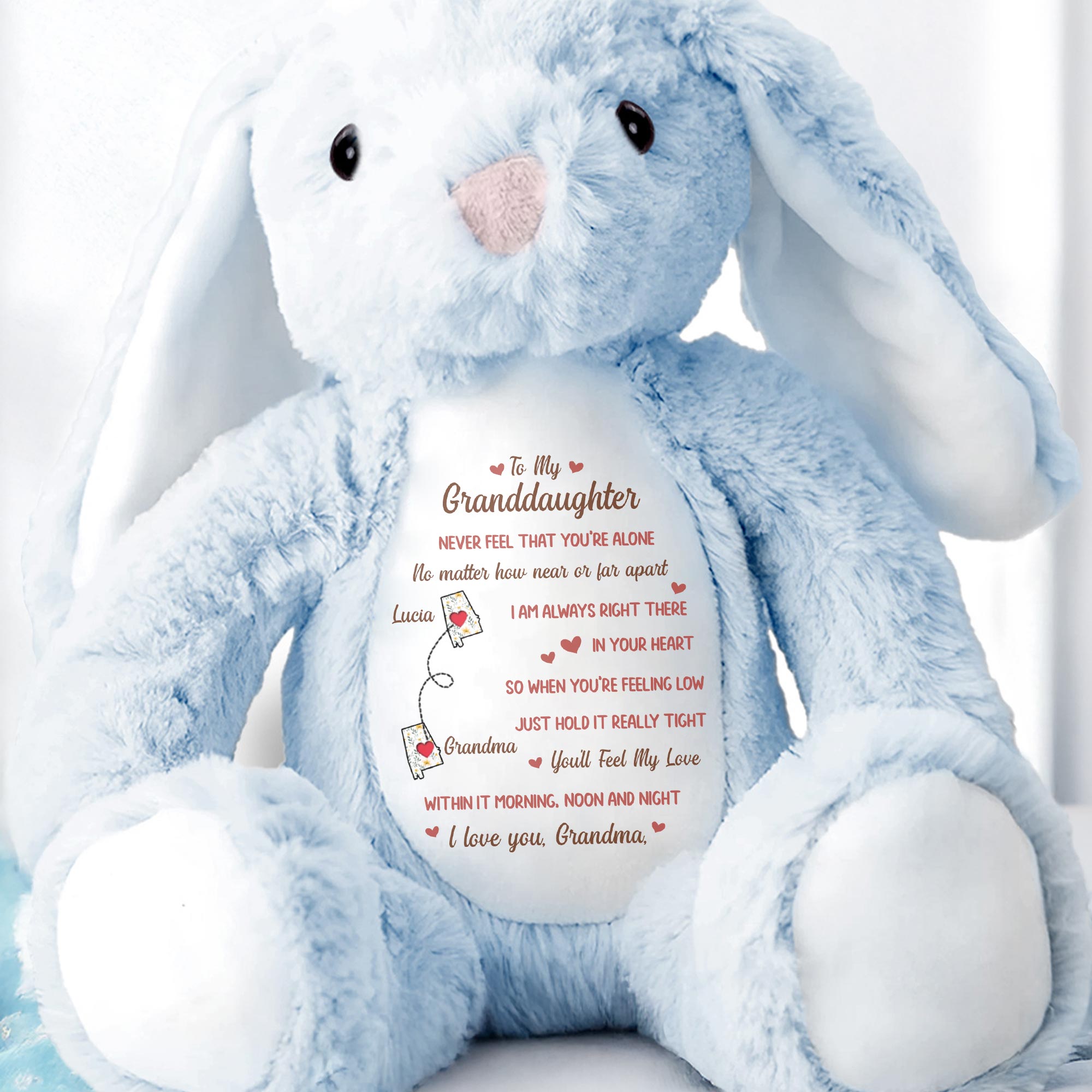 To My Granddaughter, Never Feel That You're Alone, Stuffed Bunny and Heart - Personalized Stuffed Bunny - GDT283_BUN