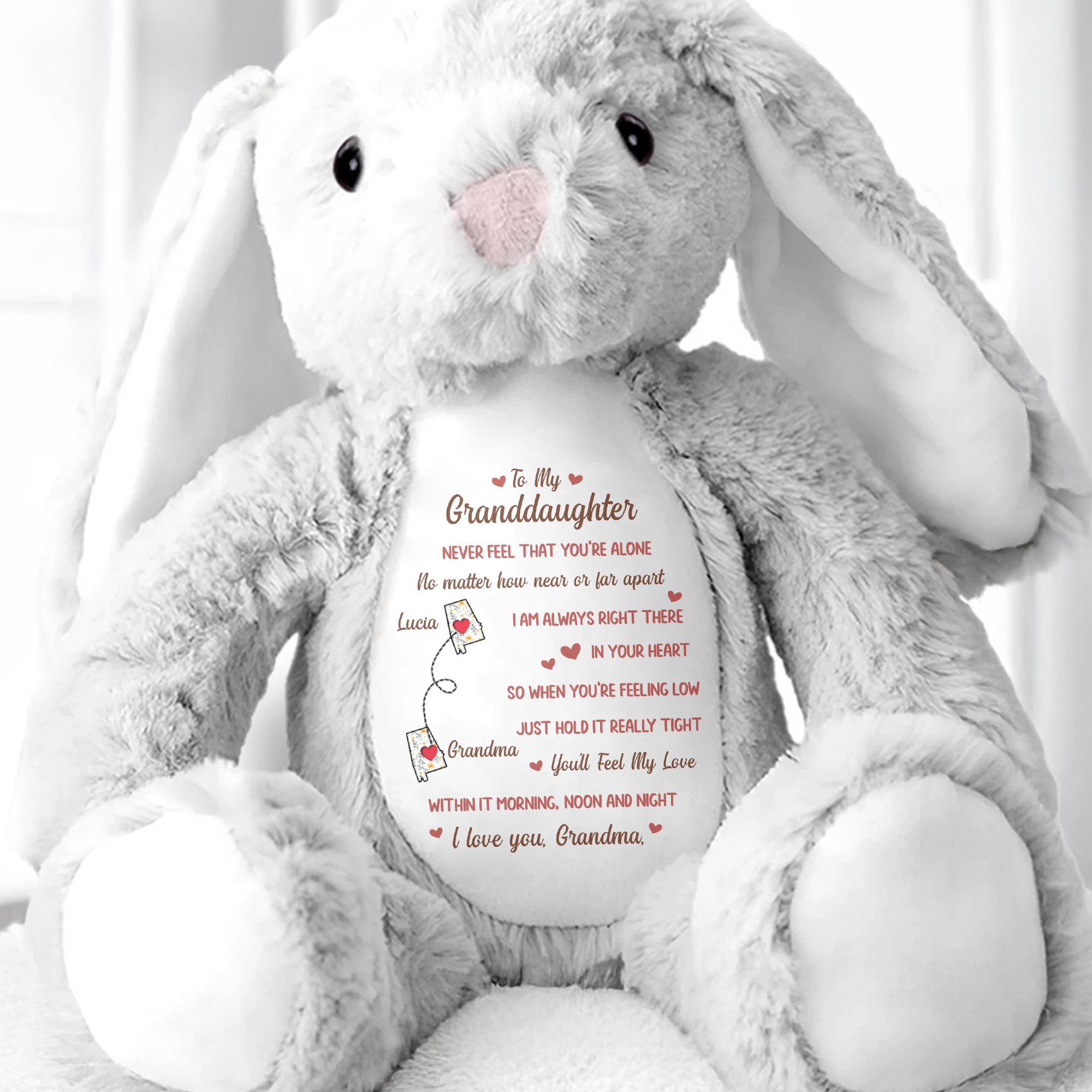 To My Granddaughter, Never Feel That You're Alone, Stuffed Bunny and Heart - Personalized Stuffed Bunny - GDT283_BUN