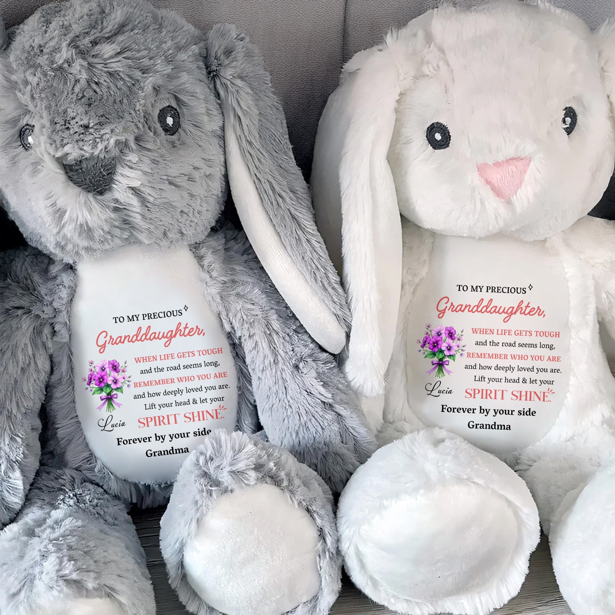 To My Precious Granddaughter, Remember Who You Are, Bunny and Flowers - Personalized Stuffed Bunny - GDT284_BUN