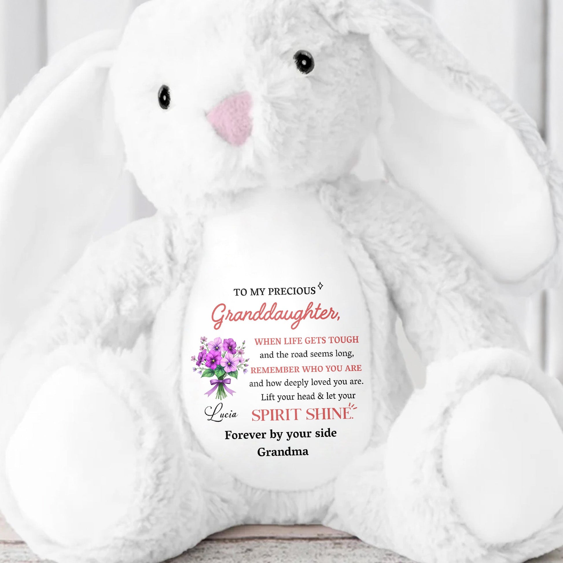 To My Precious Granddaughter, Remember Who You Are, Bunny and Flowers - Personalized Stuffed Bunny - GDT284_BUN