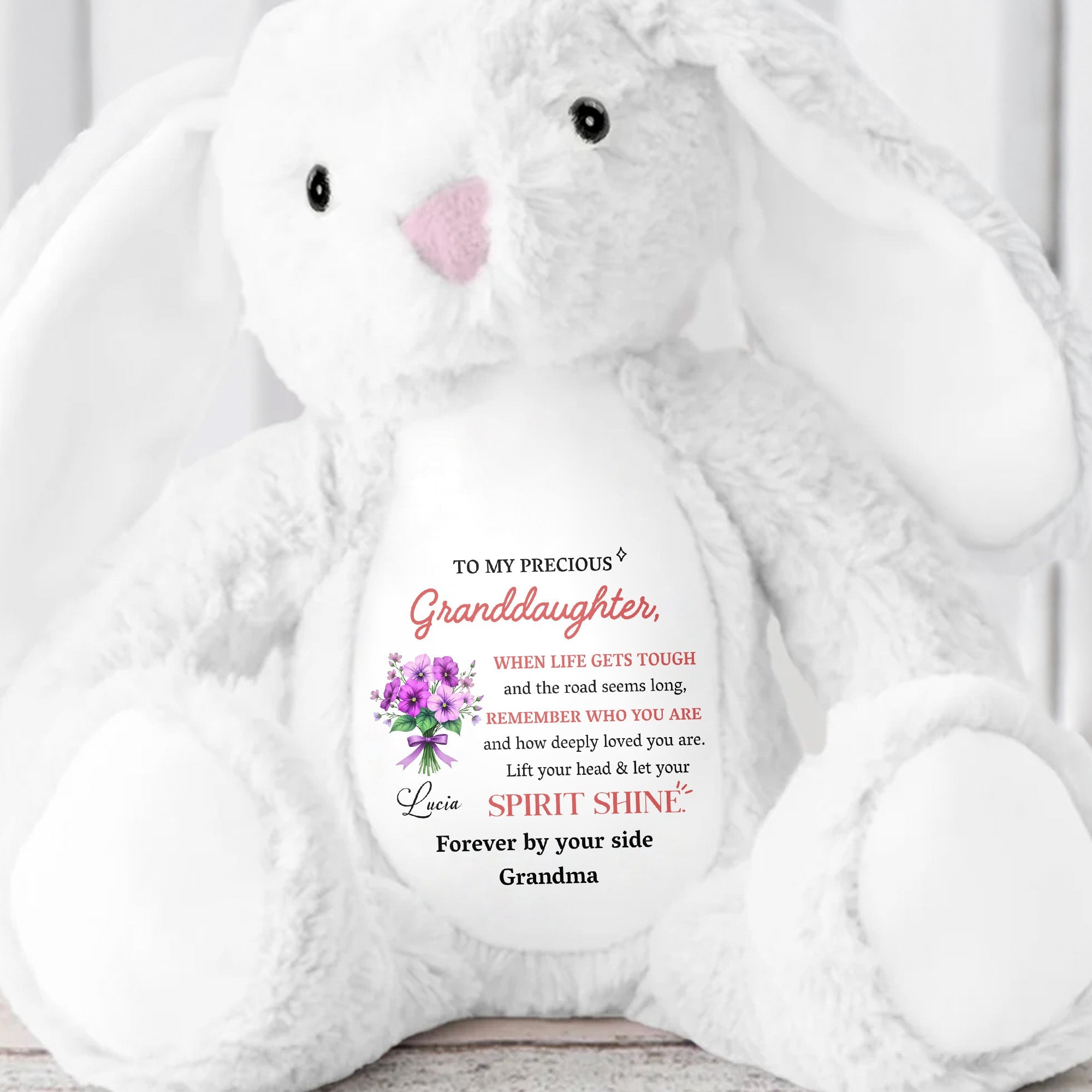 To My Precious Granddaughter, Remember Who You Are, Bunny and Flowers - Personalized Stuffed Bunny - GDT284_BUN
