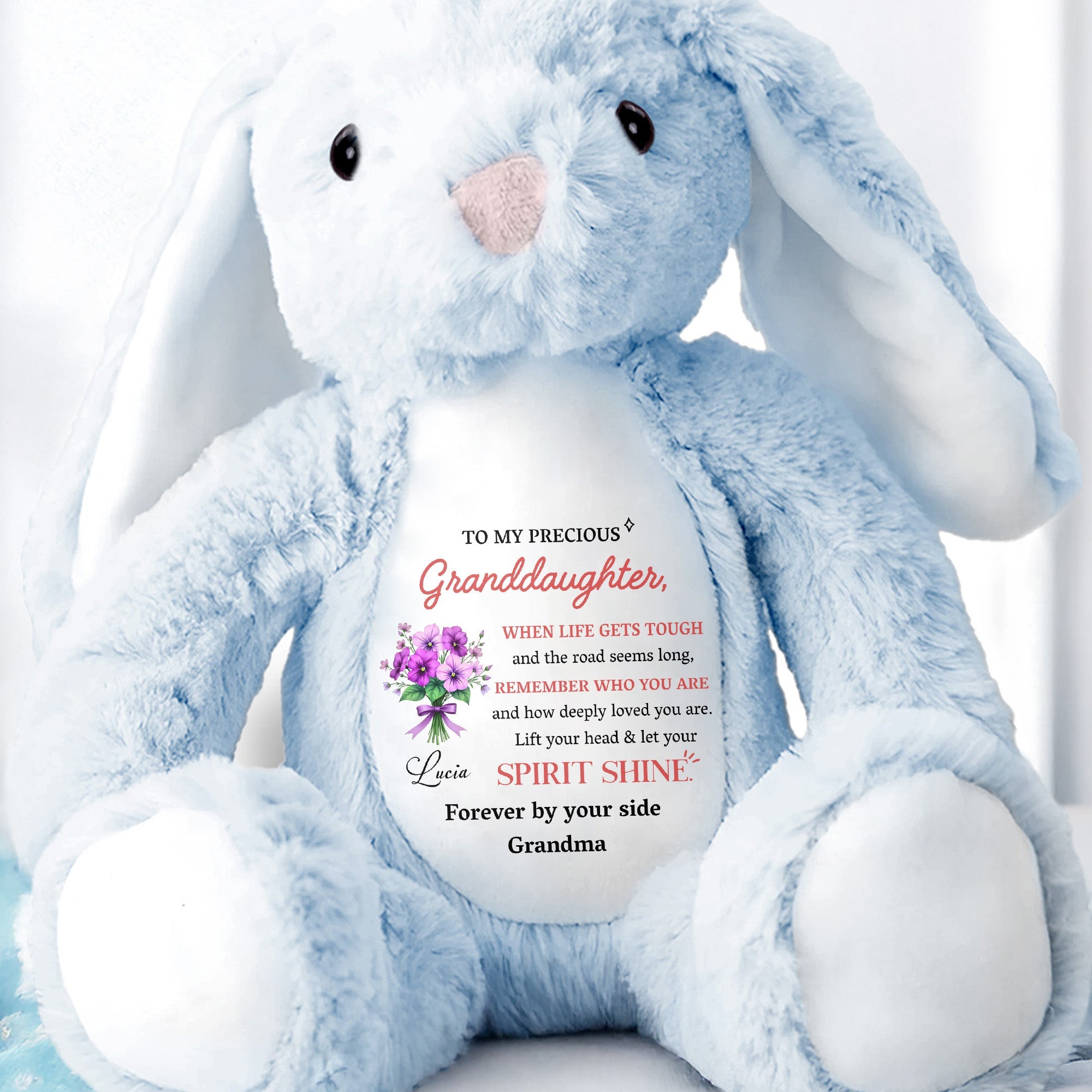 To My Precious Granddaughter, Remember Who You Are, Bunny and Flowers - Personalized Stuffed Bunny - GDT284_BUN
