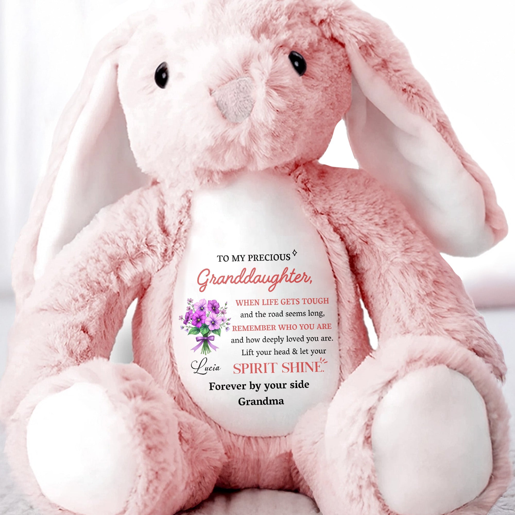To My Precious Granddaughter, Remember Who You Are, Bunny and Flowers - Personalized Stuffed Bunny - GDT284_BUN