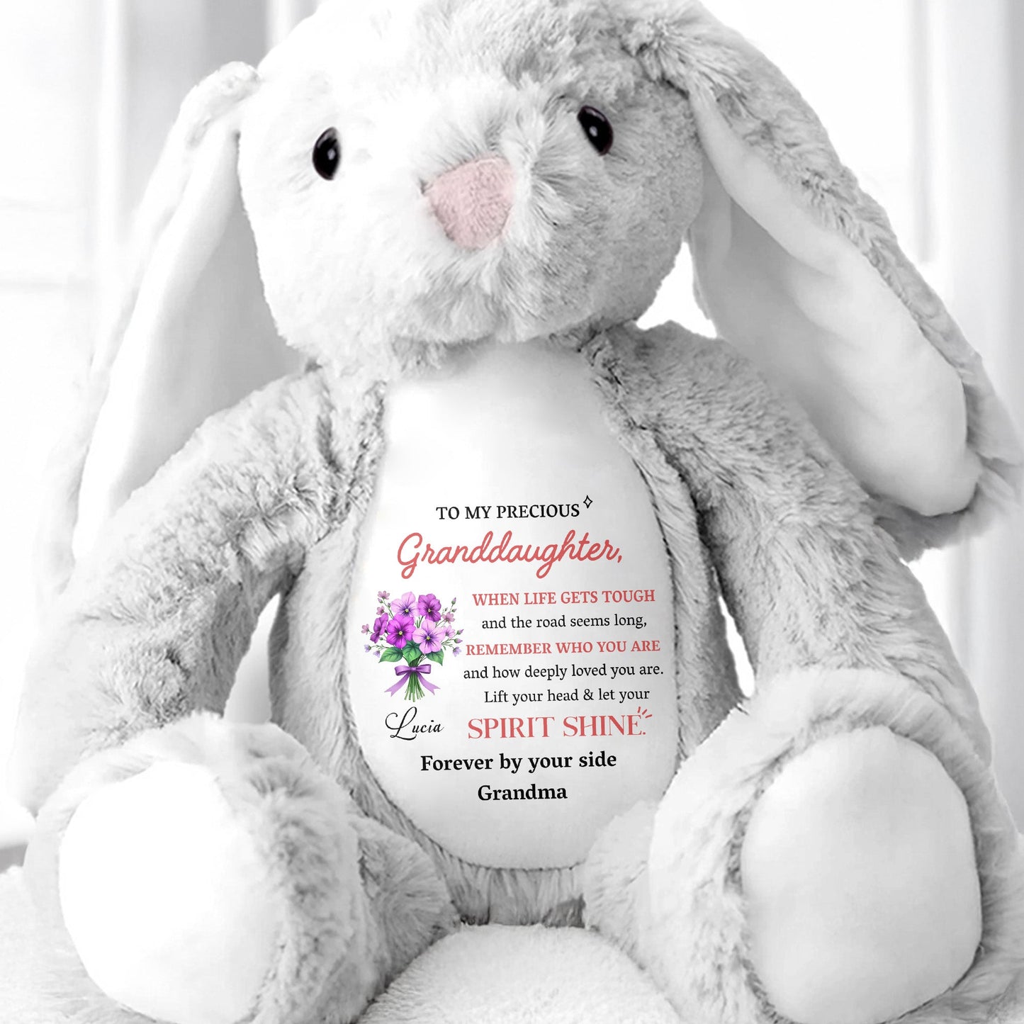 To My Precious Granddaughter, Remember Who You Are, Bunny and Flowers - Personalized Stuffed Bunny - GDT284_BUN