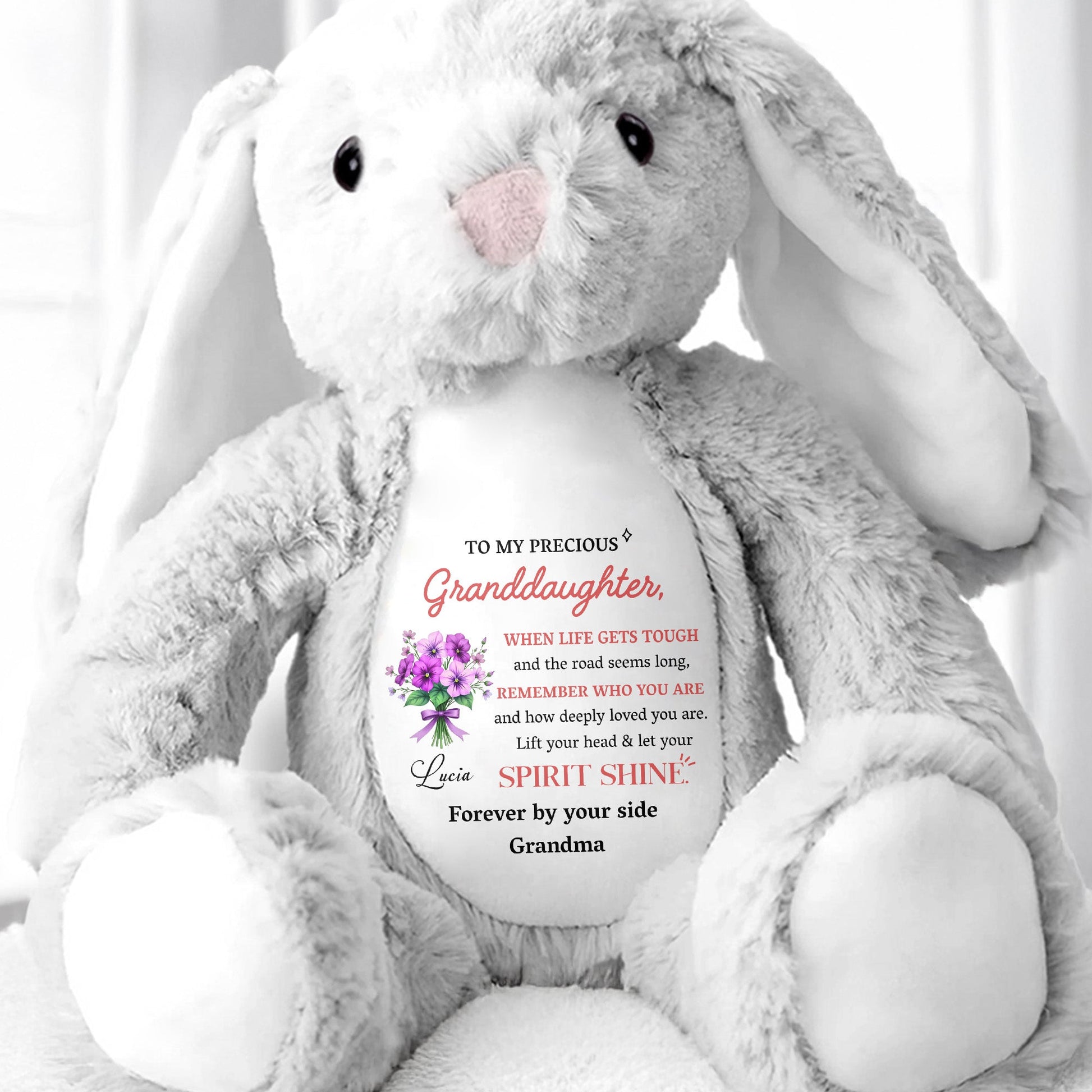 To My Precious Granddaughter, Remember Who You Are, Bunny and Flowers - Personalized Stuffed Bunny - GDT284_BUN