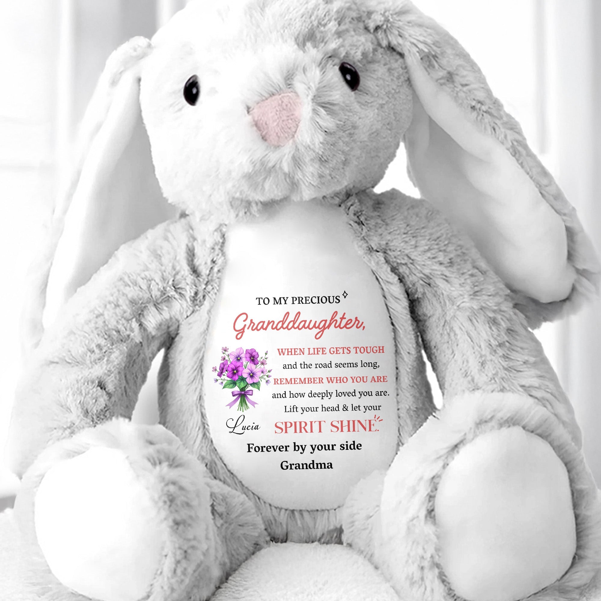 To My Precious Granddaughter, Remember Who You Are, Bunny and Flowers - Personalized Stuffed Bunny - GDT284_BUN