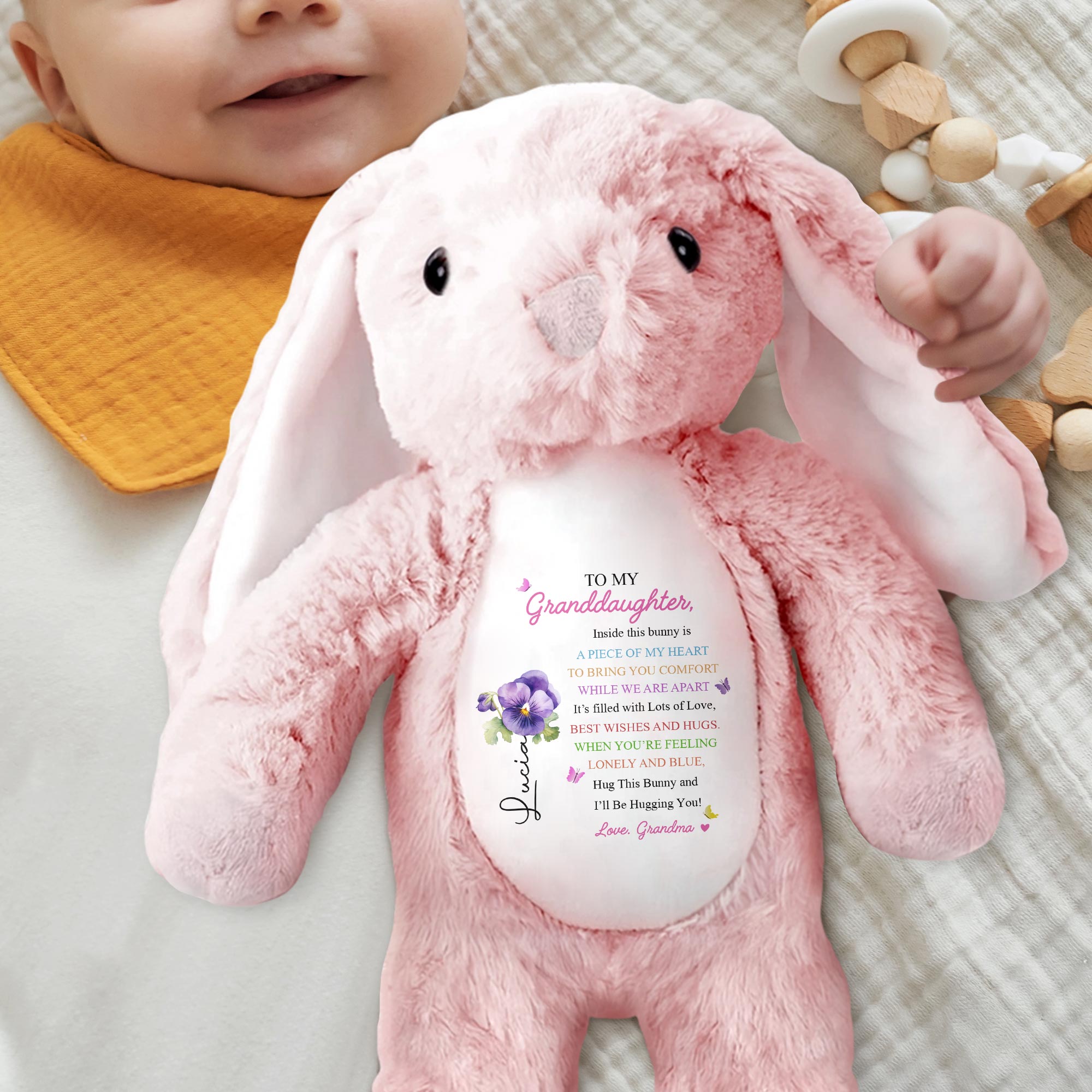 TO MY Granddaughter, Hug This Bunny And I'll Be Hugging You, Bunny And Flowers - Personalized Stuffed Bunny - GDT286_BUN