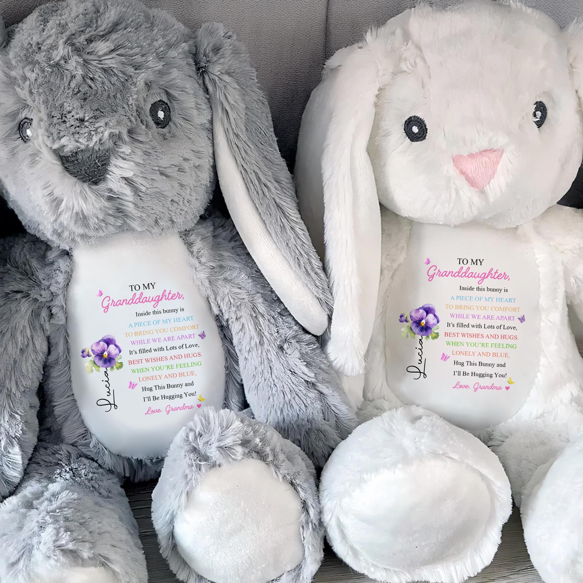 TO MY Granddaughter, Hug This Bunny And I'll Be Hugging You, Bunny And Flowers - Personalized Stuffed Bunny - GDT286_BUN
