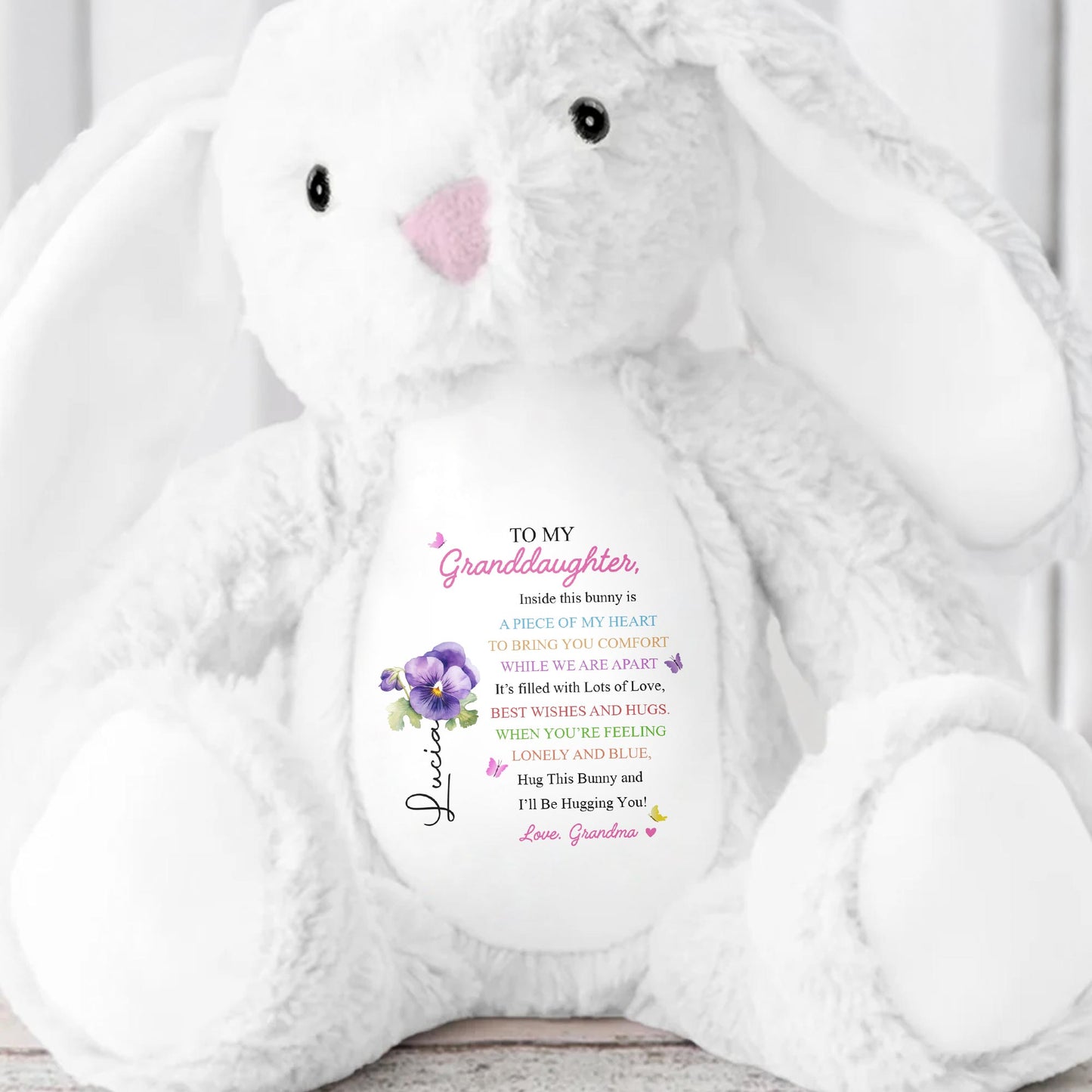 TO MY Granddaughter, Hug This Bunny And I'll Be Hugging You, Bunny And Flowers - Personalized Stuffed Bunny - GDT286_BUN