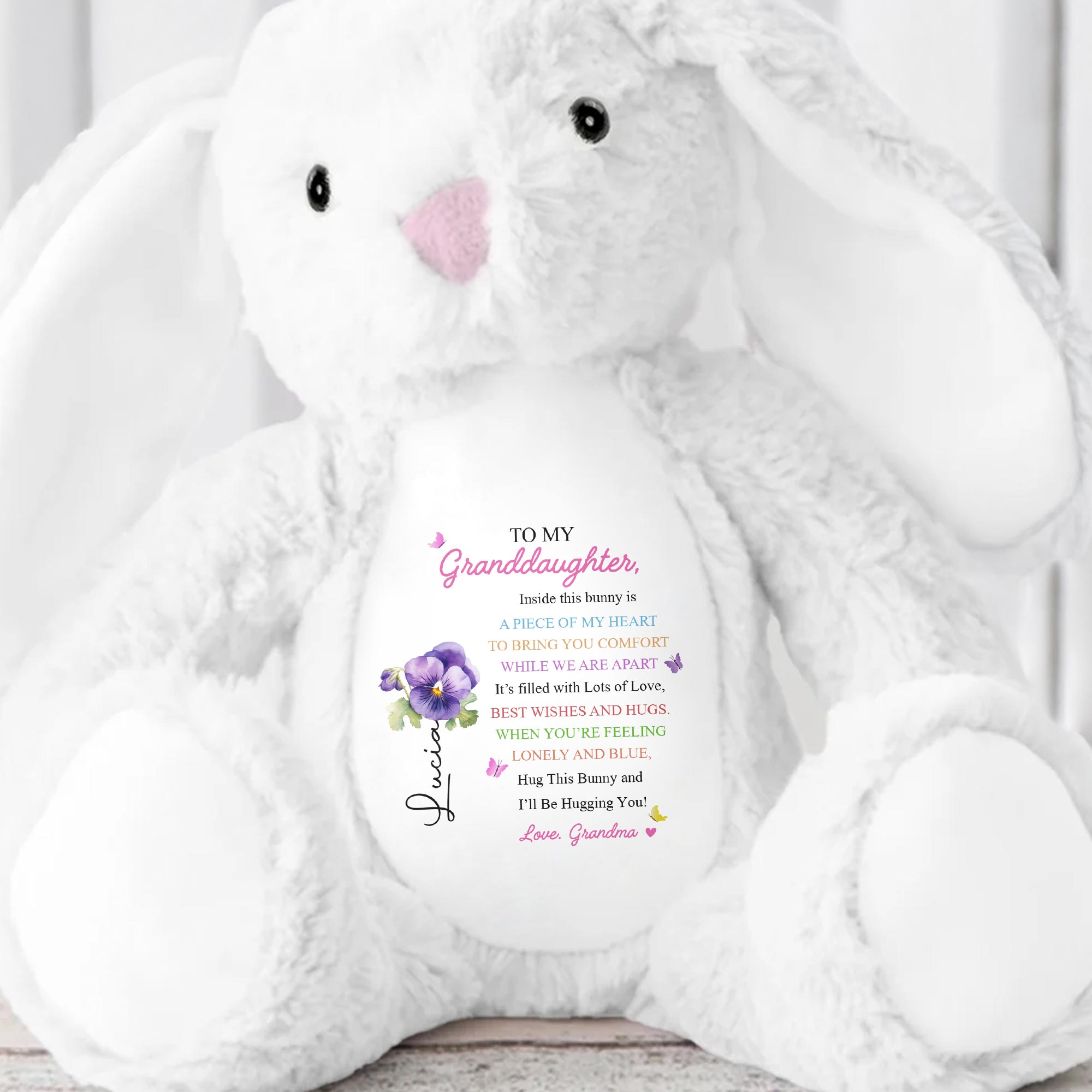 TO MY Granddaughter, Hug This Bunny And I'll Be Hugging You, Bunny And Flowers - Personalized Stuffed Bunny - GDT286_BUN