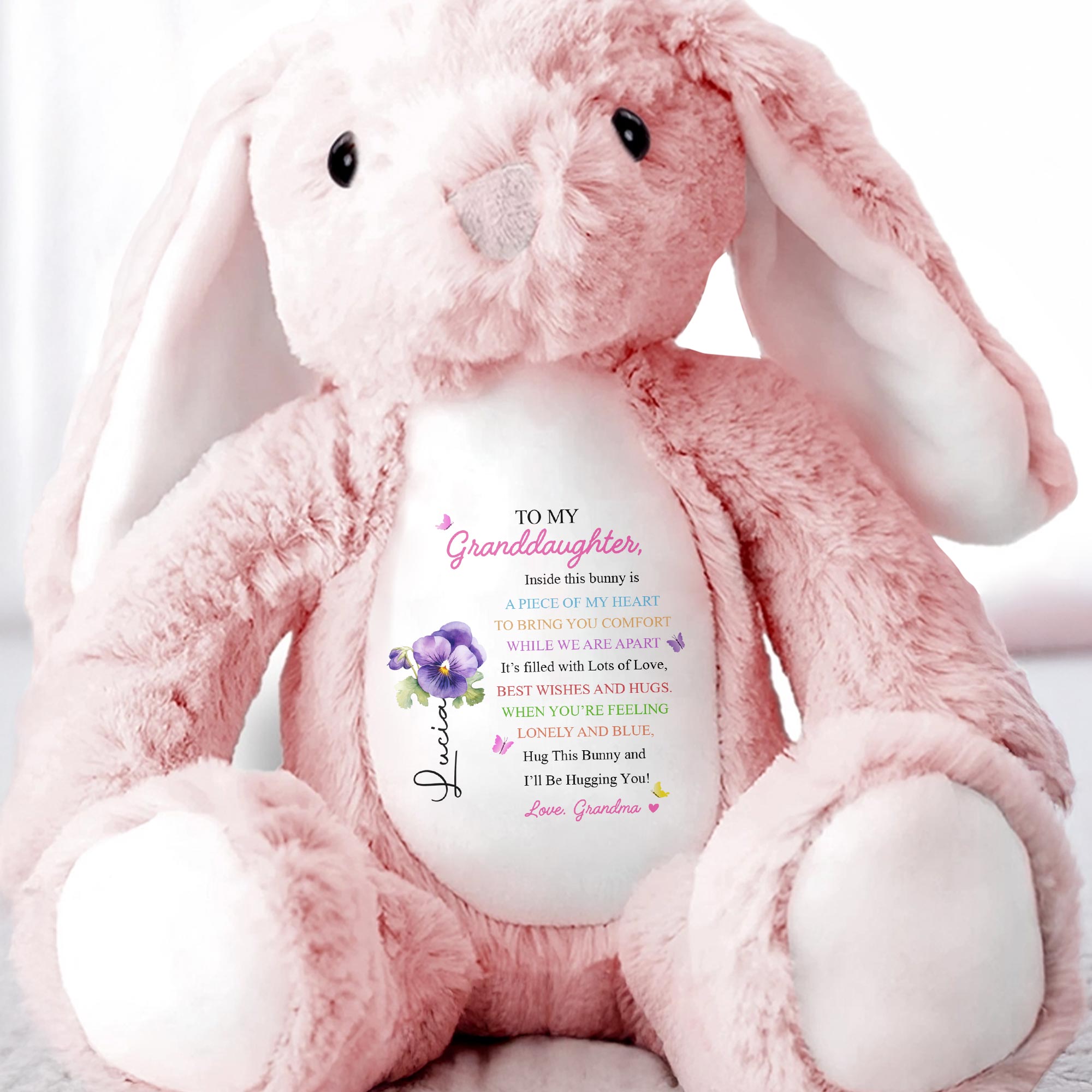 TO MY Granddaughter, Hug This Bunny And I'll Be Hugging You, Bunny And Flowers - Personalized Stuffed Bunny - GDT286_BUN