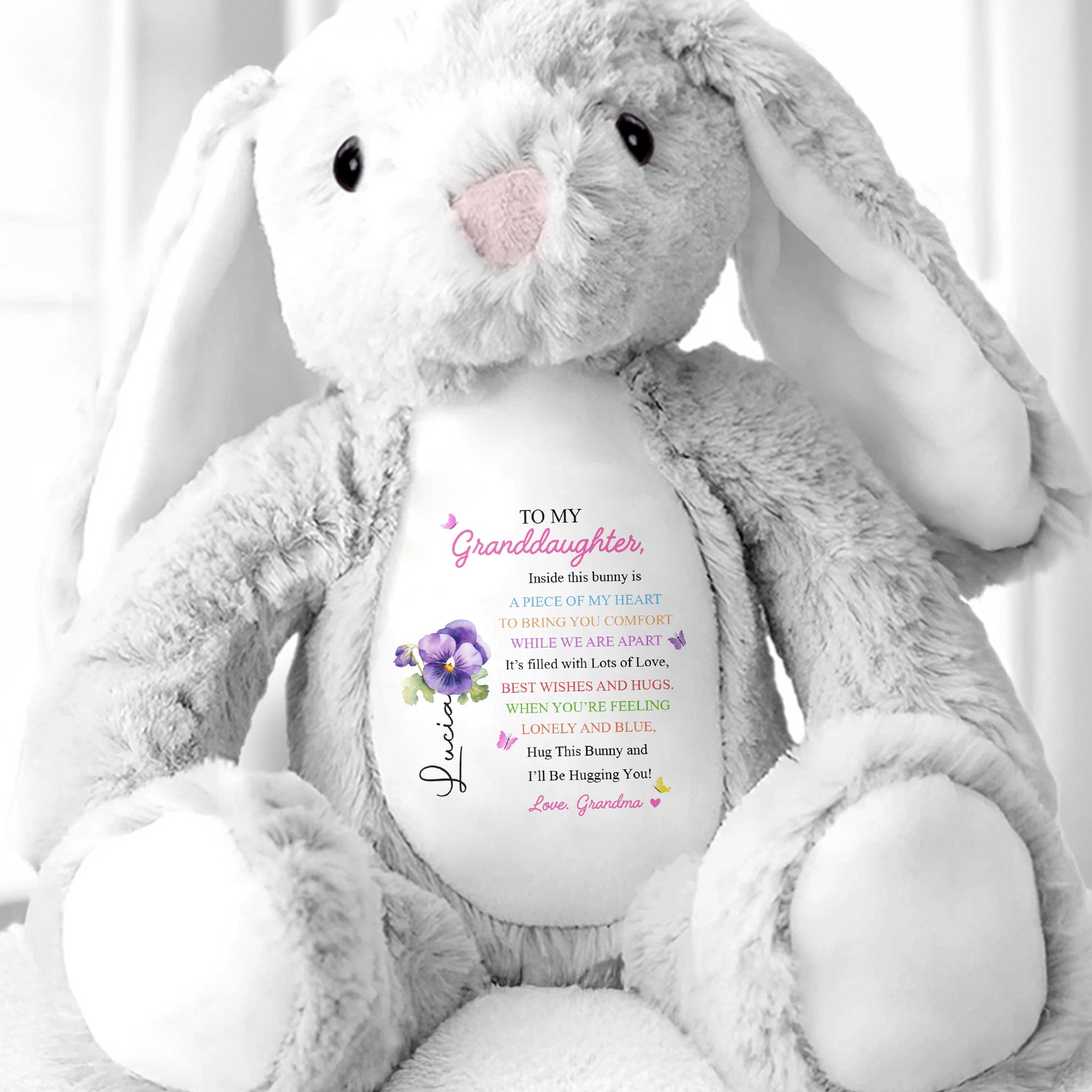 TO MY Granddaughter, Hug This Bunny And I'll Be Hugging You, Bunny And Flowers - Personalized Stuffed Bunny - GDT286_BUN