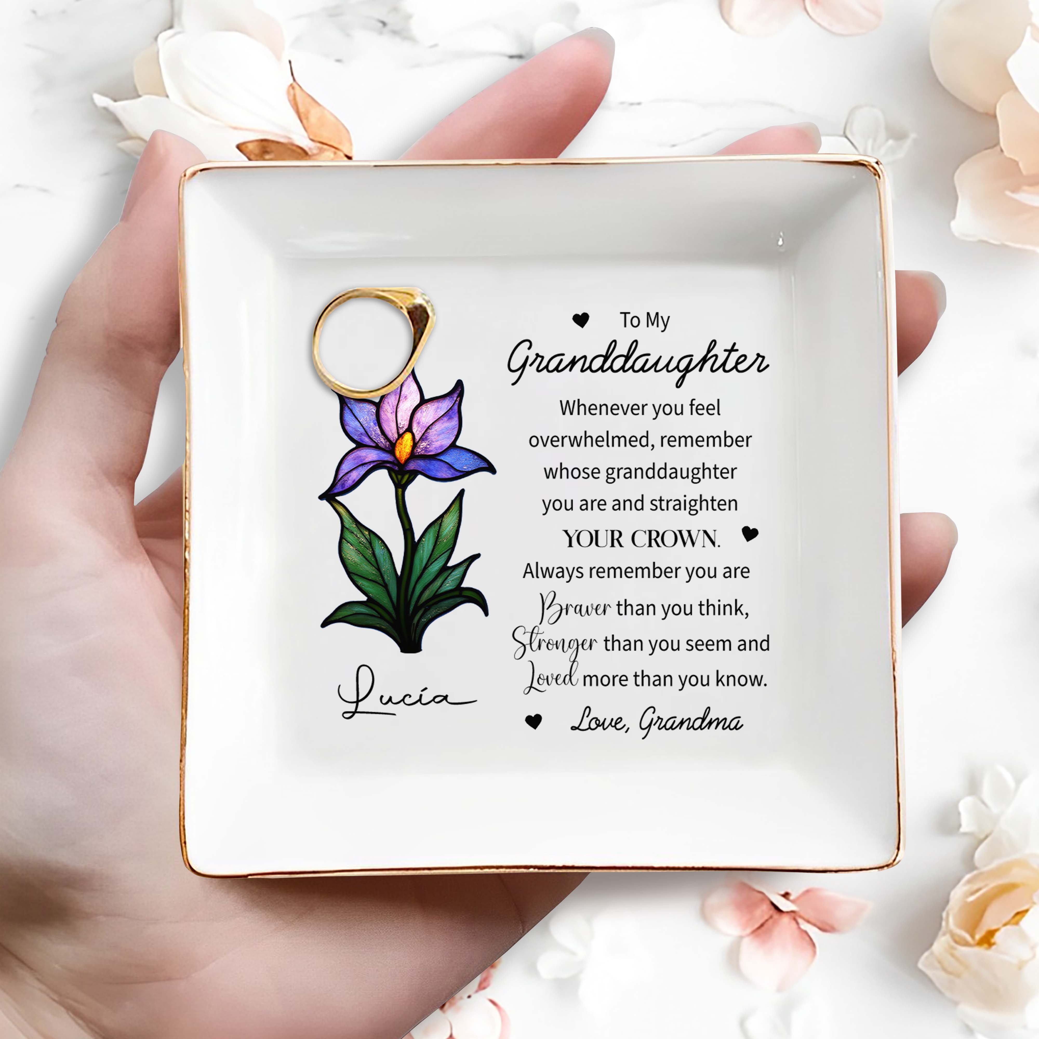 To My Granddaughter, Remember Your Strength and Love - Personalized Custom Jewelry Dish, Square Ceramic Dish - GDT293_SCRD
