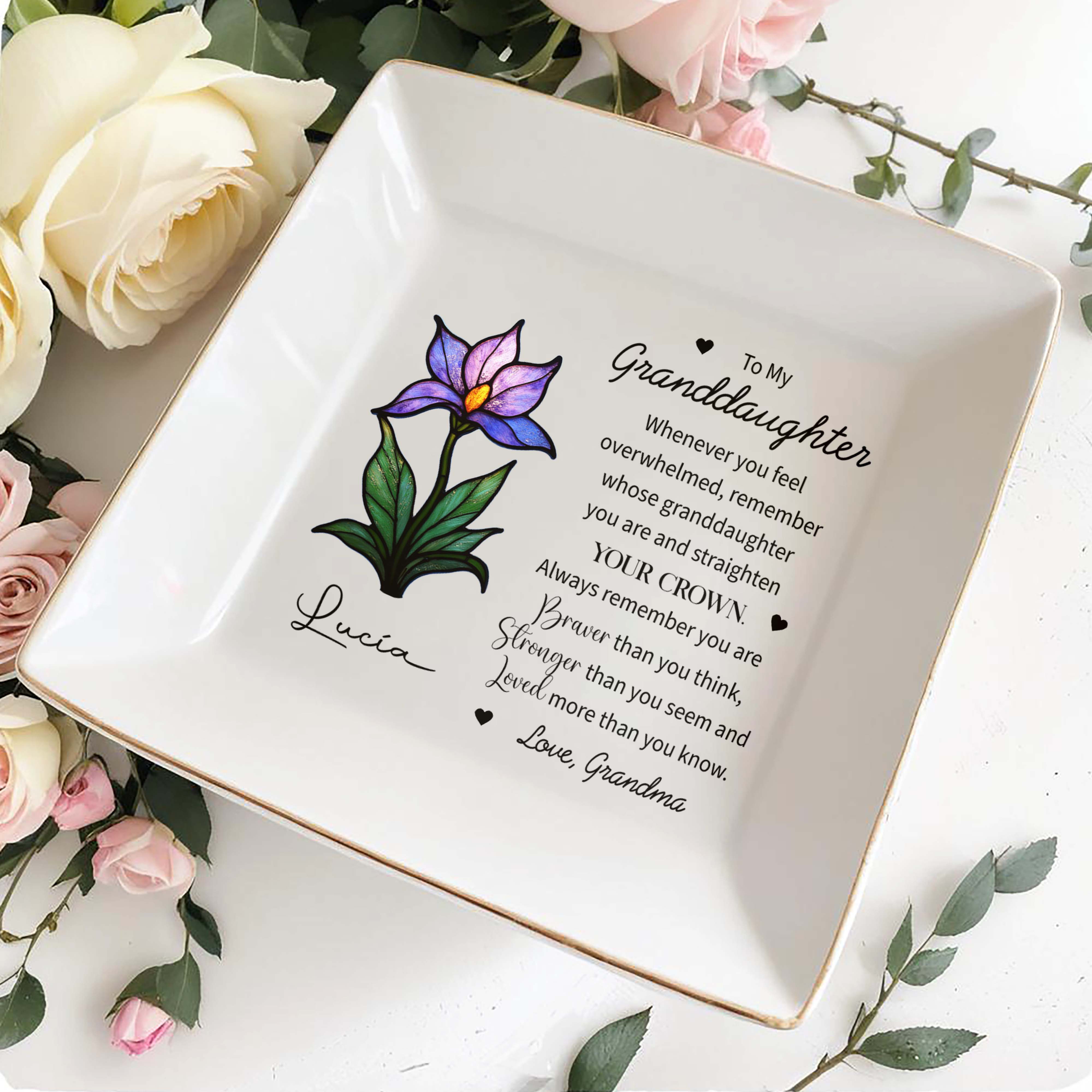 To My Granddaughter, Remember Your Strength and Love - Personalized Custom Jewelry Dish, Square Ceramic Dish - GDT293_SCRD