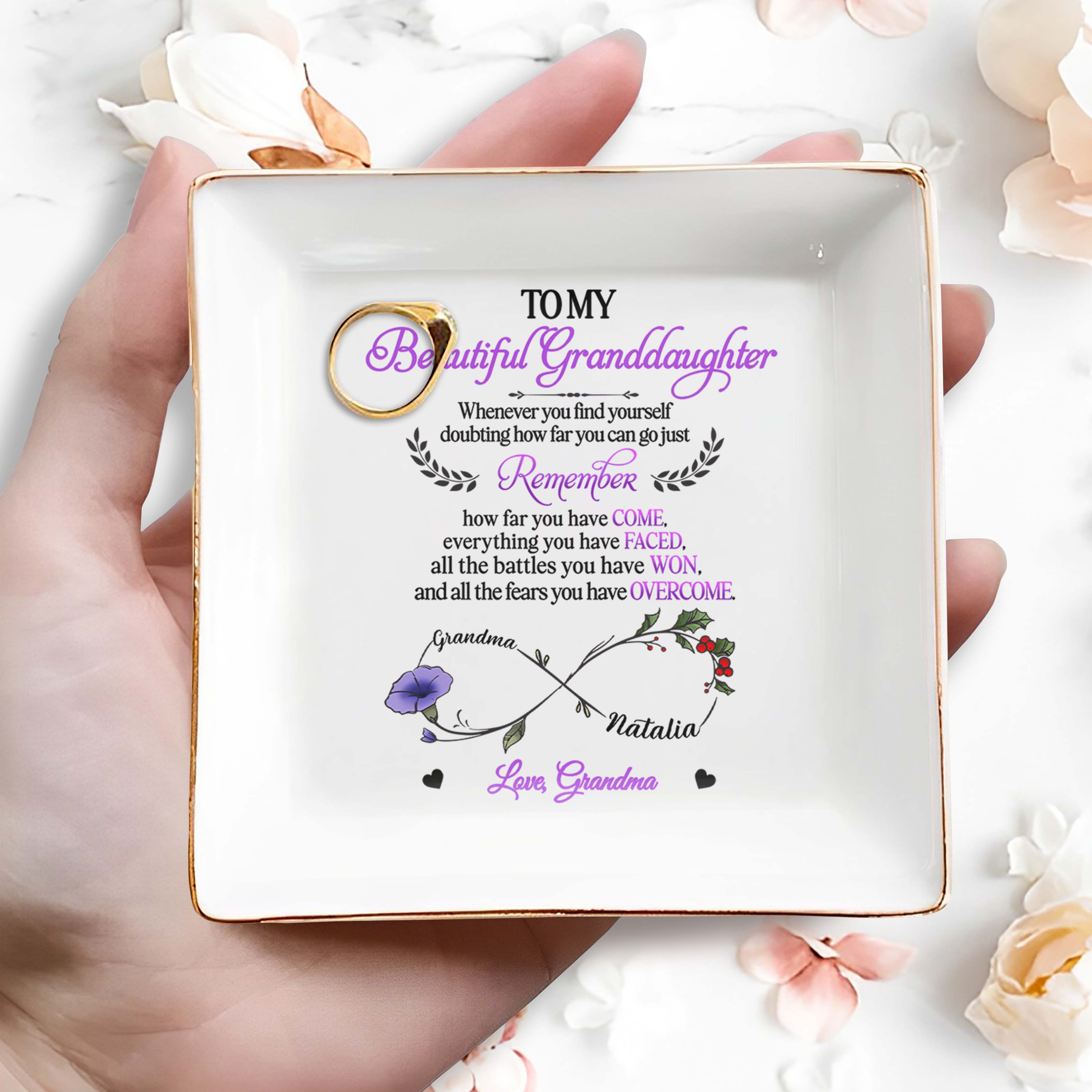To My Beautiful Granddaughter, Remember How Far You Have Come, Flower and Hearts - Personalized Custom Jewelry Dish, Square Ceramic Dish - GDT303_SCRD