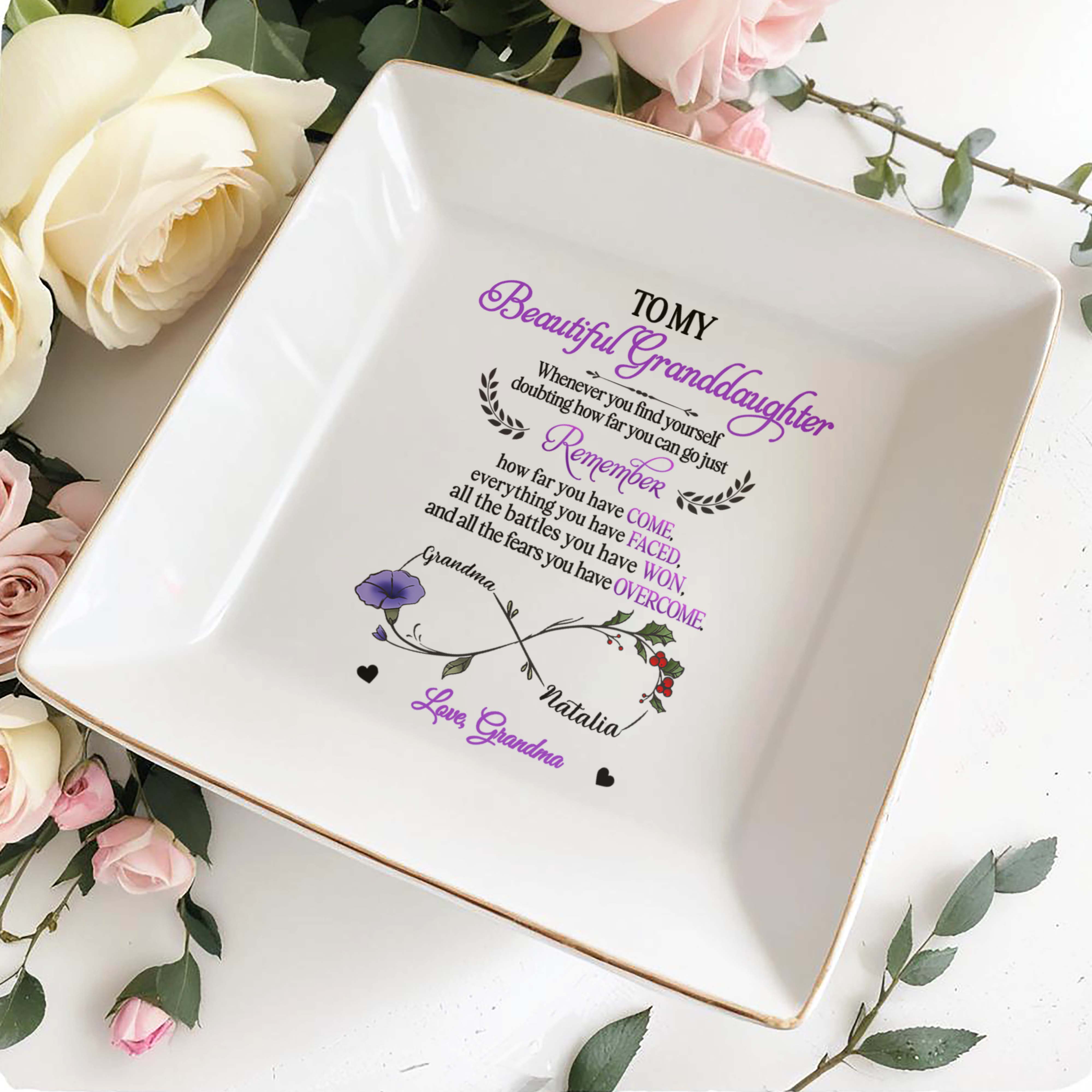 To My Beautiful Granddaughter, Remember How Far You Have Come, Flower and Hearts - Personalized Custom Jewelry Dish, Square Ceramic Dish - GDT303_SCRD