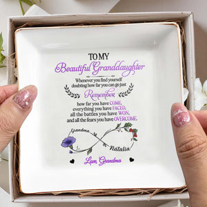 To My Beautiful Granddaughter, Remember How Far You Have Come, Flower and Hearts - Personalized Custom Jewelry Dish, Square Ceramic Dish - GDT303_SCRD