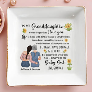 To My Granddaughters, Embrace & Sunflowers - Personalized Custom Jewelry Dish, Square Ceramic Dish - GDT306_SCRD