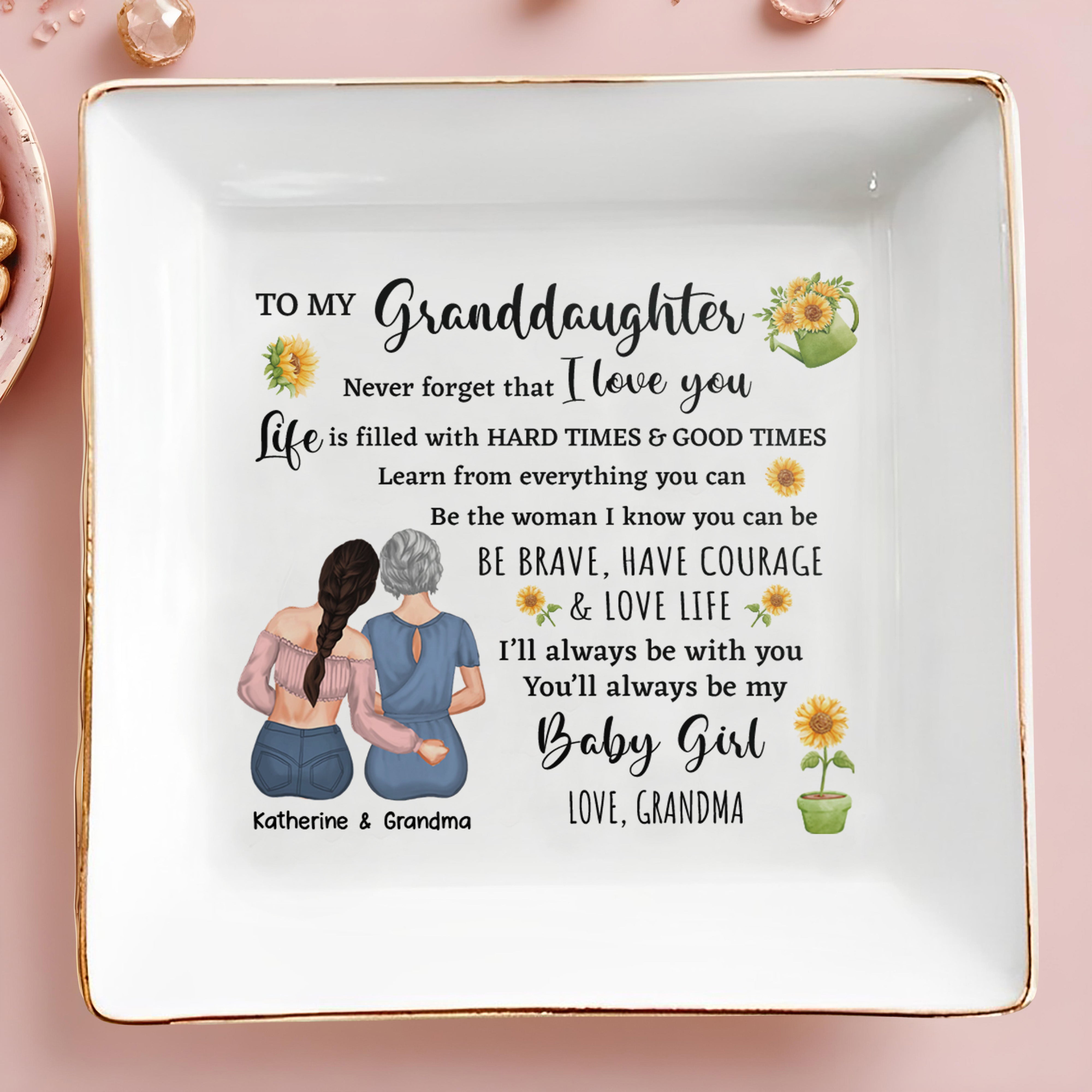 To My Granddaughters, Embrace & Sunflowers - Personalized Custom Jewelry Dish, Square Ceramic Dish - GDT306_SCRD