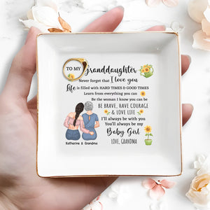 To My Granddaughters, Embrace & Sunflowers - Personalized Custom Jewelry Dish, Square Ceramic Dish - GDT306_SCRD