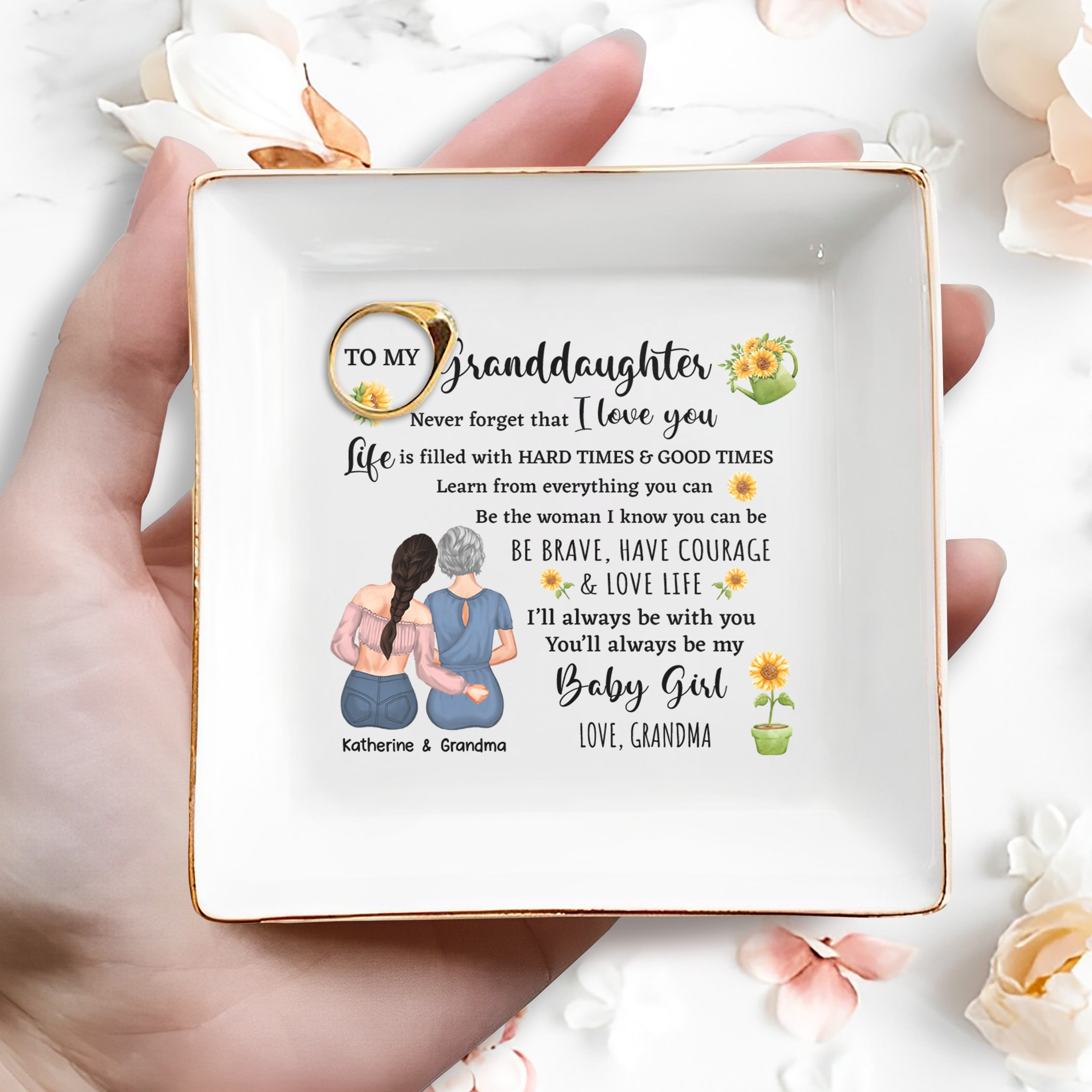 To My Granddaughters, Embrace & Sunflowers - Personalized Custom Jewelry Dish, Square Ceramic Dish - GDT306_SCRD