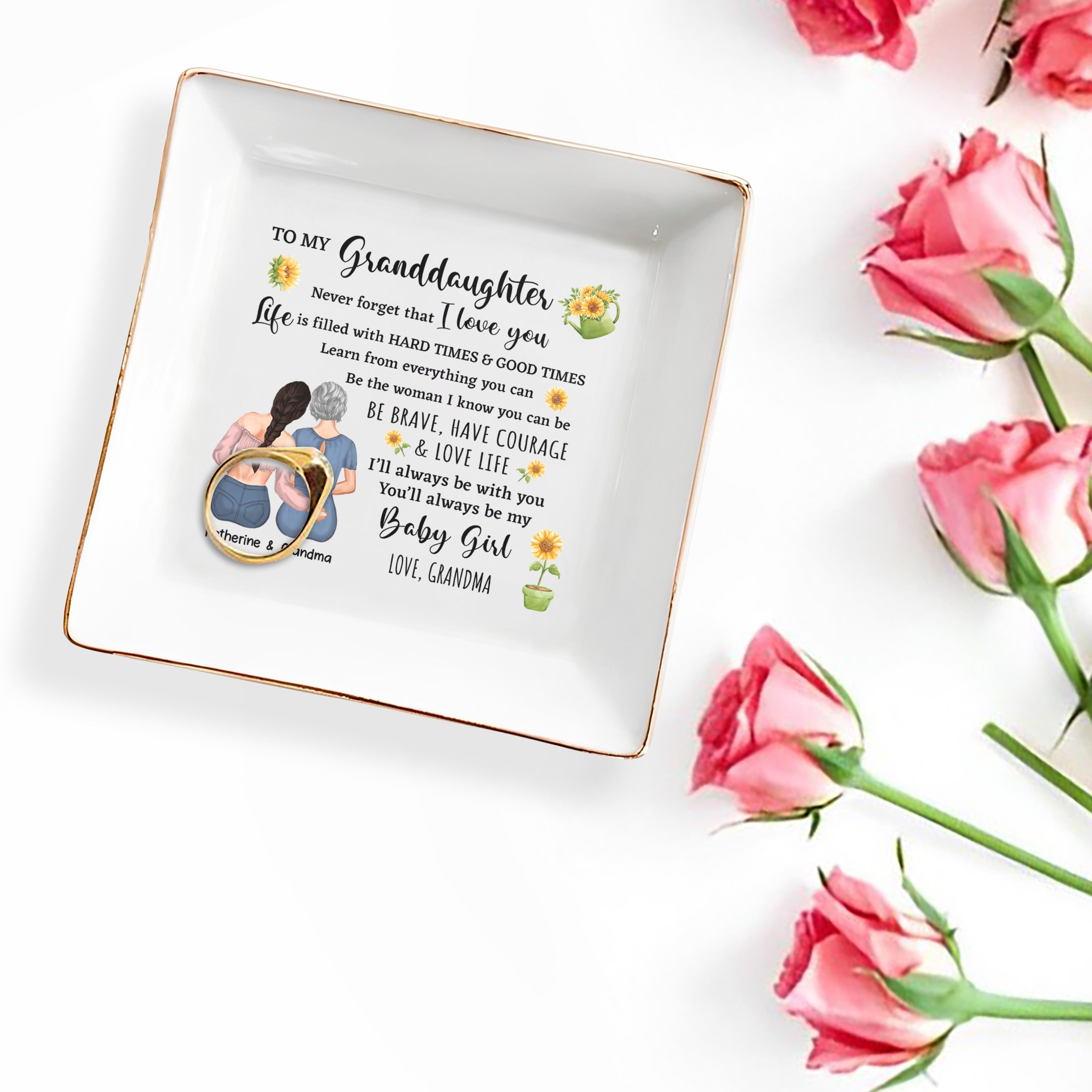 To My Granddaughters, Embrace & Sunflowers - Personalized Custom Jewelry Dish, Square Ceramic Dish - GDT306_SCRD