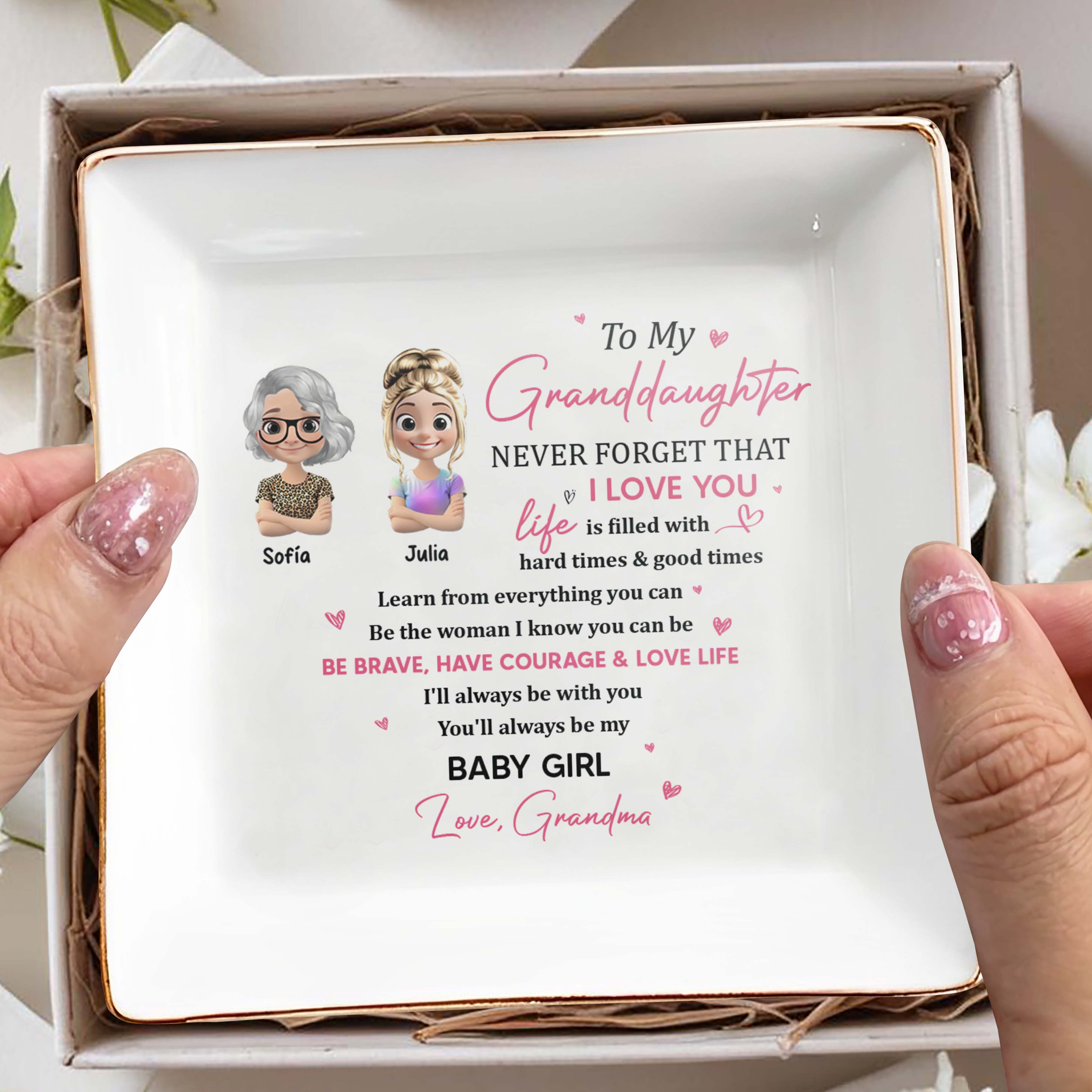 To My Granddaughter, Never Forget That I Love You - Personalized Custom Jewelry Dish, Square Ceramic Dish - GDT308_SCRD