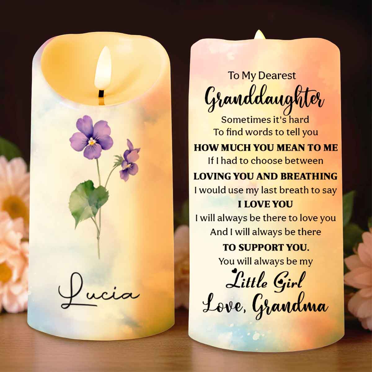 To My Dearest Granddaughter Love Grandma with Flowers - Personalized Custom LED Candle - GDT309_LECA