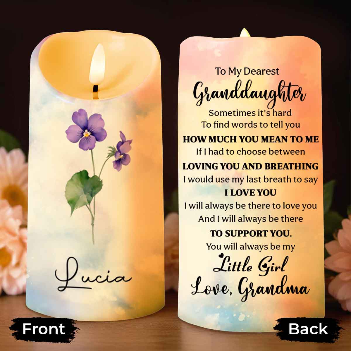 To My Dearest Granddaughter Love Grandma with Flowers - Personalized Custom LED Candle - GDT309_LECA