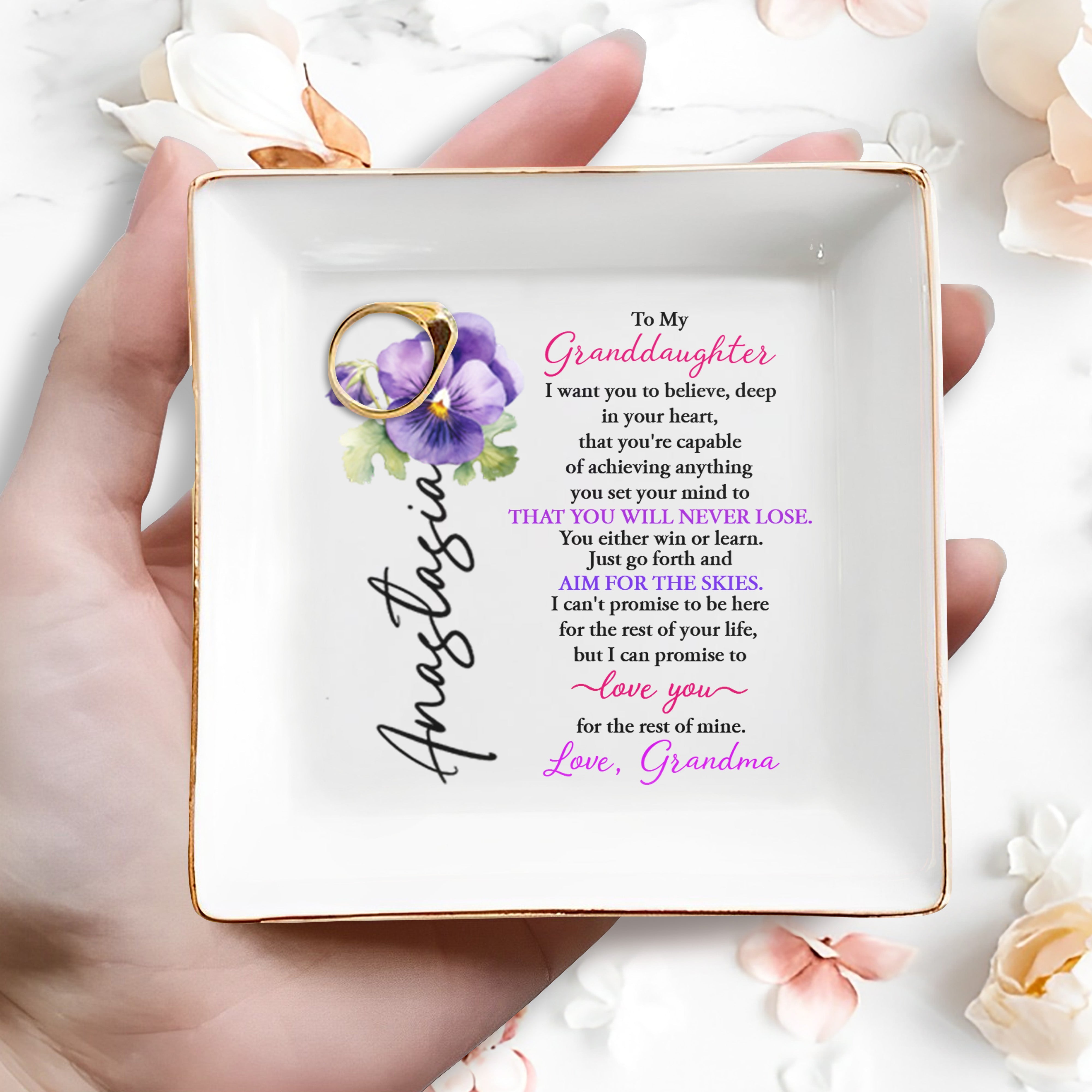 To My Granddaughter, Believe In Your Heart - Personalized Custom Jewelry Dish, Square Ceramic Dish - GDT310_SCRD