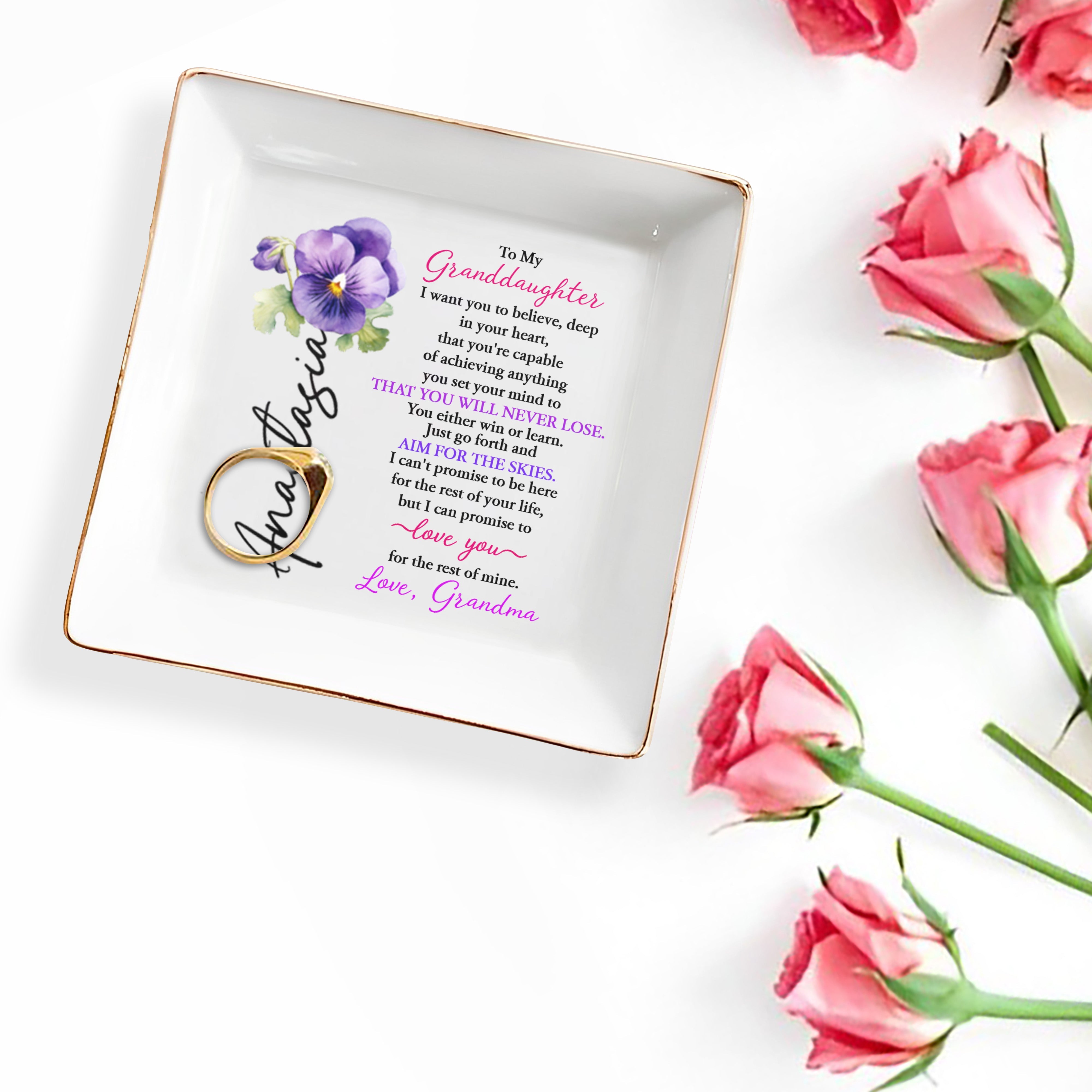 To My Granddaughter, Believe In Your Heart - Personalized Custom Jewelry Dish, Square Ceramic Dish - GDT310_SCRD