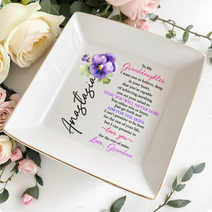 To My Granddaughter, Believe In Your Heart - Personalized Custom Jewelry Dish, Square Ceramic Dish - GDT310_SCRD