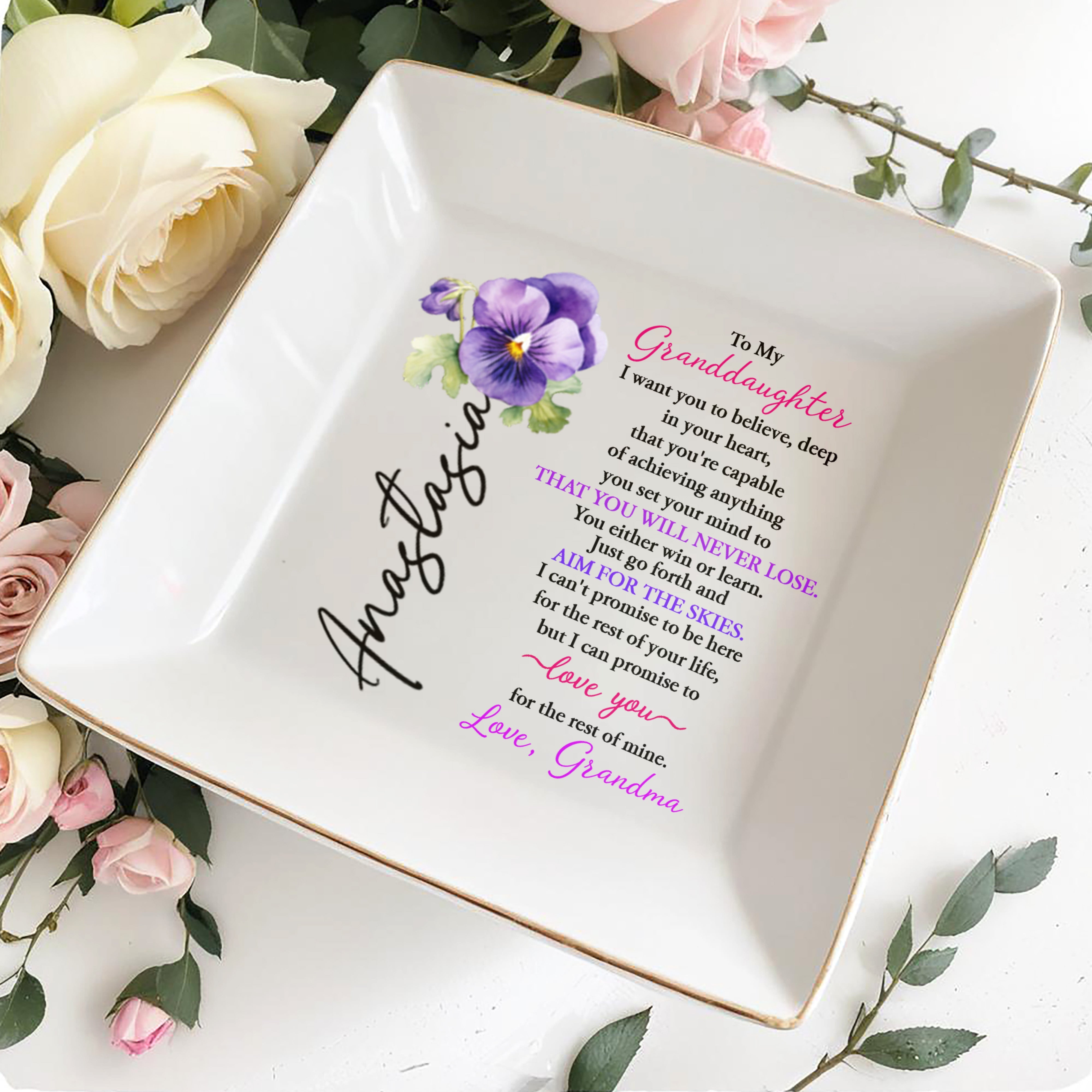 To My Granddaughter, Believe In Your Heart - Personalized Custom Jewelry Dish, Square Ceramic Dish - GDT310_SCRD