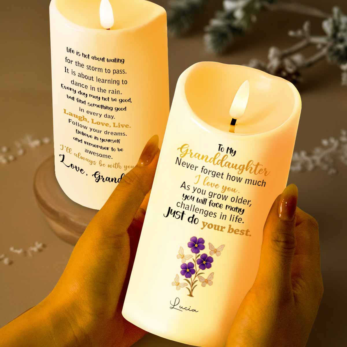 To My Granddaughter, Believe in Yourself, Flowers and Butterfly - Personalized Custom LED Candle - GDT315_LECA